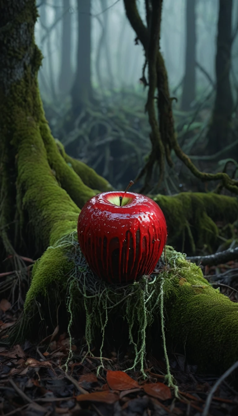 Close-up of a blood-red, dripping, moss-covered and rotting apple floating in a dark, foggy forest. The apple is surrounded by twisted tree roots and glowing, unusual eyes. Cinematic lighting, high detail, 8k, artstation, conceptual art, dark fantasy. Photo taken with Canon EOS R5 85mm f/11 Camera, ((sharp)) mode of people and surrounding scenery. Image quality ((8K)), ((lifelike)), ((masterpiece)), ((sharp and highest contrast)), ((great depth of field)), ((light stereolithography)). ((Một cô gái cực kỳ xinh đẹp)), ((đang ăn quả táo))