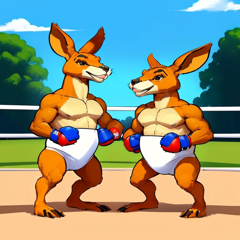 two kangaroos in boxing gear standing next to each other, subject : kangaroo, subject: kangaroo, kangaroos, spy kangaroo, boxing match, posing for a fight, kangaroo, fight battle, intense fighting, getting ready to fight, fighting, in a fighting stance, fights, fight, posing ready for a fight, sam and max, in a fighting pose