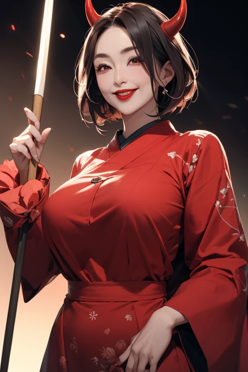 Mature and beautiful 55 year old Japanese woman,Married women,Fine Lines,Long eyelashes,Red eyes,Bob Haircut,horn,Red lipstick,Large Breasts,((extremely Large Breasts)),hell,World of Fire,Devil Costume,smile,Grab the spear