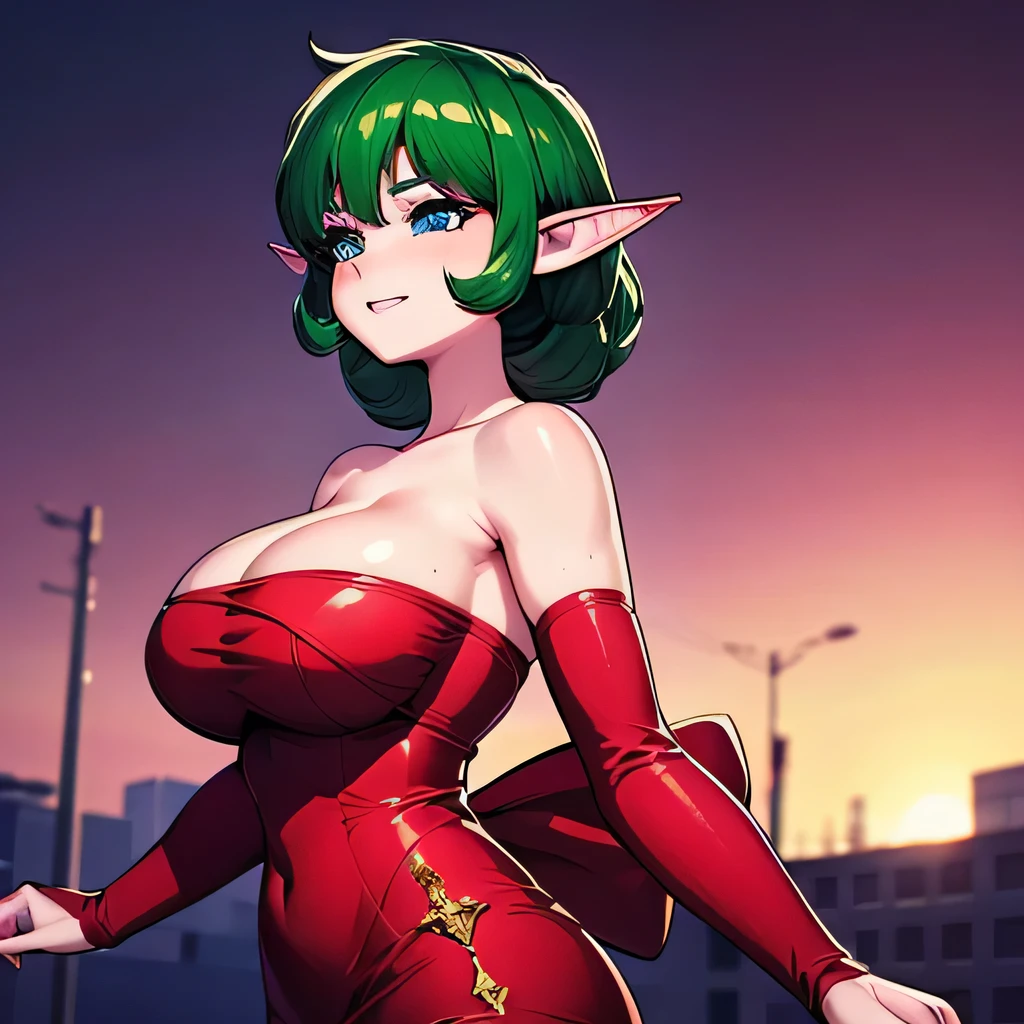  ((masterpiece,best quality,ultra-delicate,Perfect Face,16k,high resolution,very beautiful girl)),green hair,Red strapless bodycon tube dress ,Red long arm sleeves,red huge bow with back of dress:1.5,Elf Girl,large Breasts,blue eyes,very fine smile,20 years old,cowboy shot