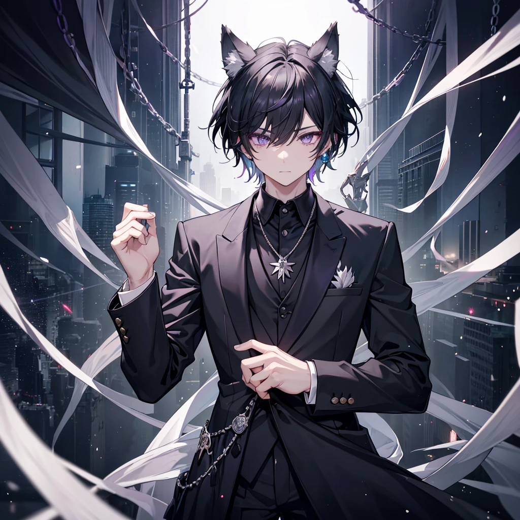 A light black color hair male with wolf ears.
Left eye is green and right eye is purple(different eye color)
A serious character with low self esteem.
Wears formal dress(suit) and has a small necklace that have a two wolf and looks like yinyang
A singer
Solo