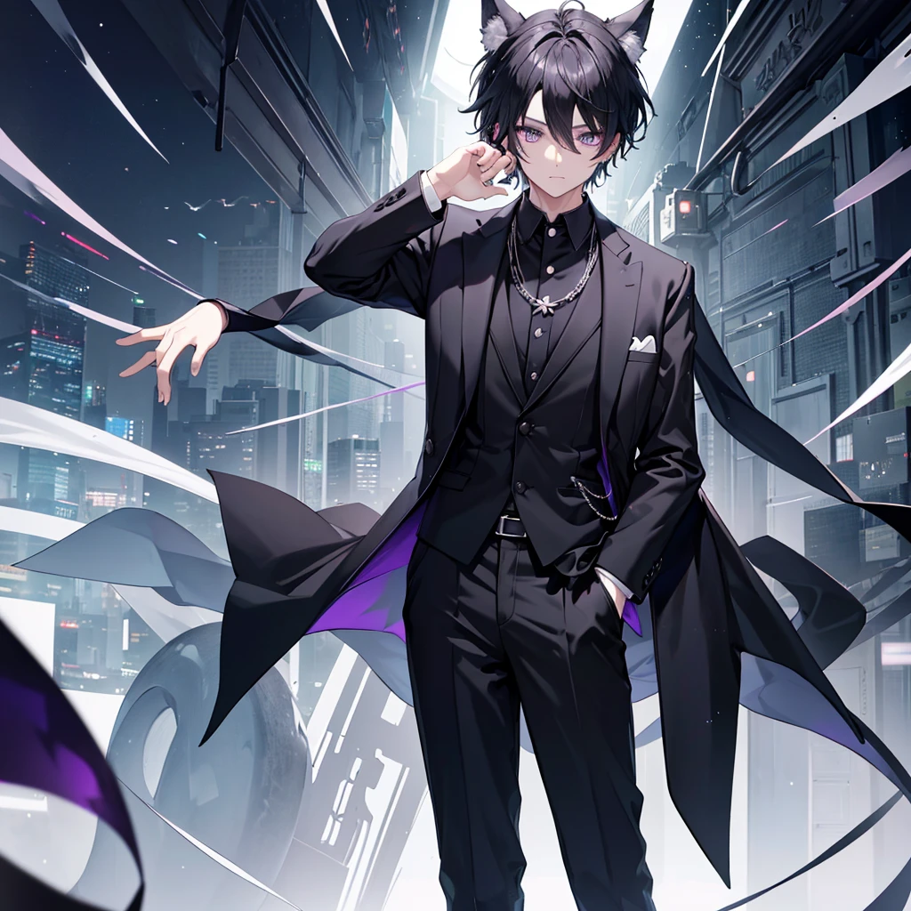 A light black color hair male with wolf ears.
Left eye is green and right eye is purple(different eye color)
A serious character with low self esteem.
Wears formal dress(suit) and has a small necklace that have a two wolf and looks like yinyang
A singer
Solo