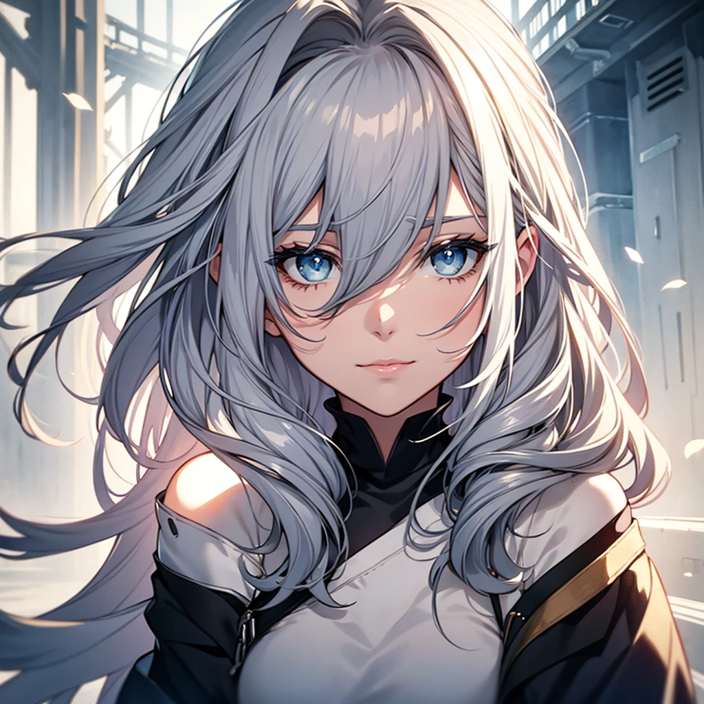 Create a delicate watercolor-style portrait illustration of a grey haired woman with flowing hair, blue eyes, conveying a graceful and dreamy mood,