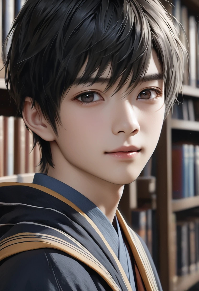 high quality, detailed, Realistic,(one  japanese wizard boy:1.5), (detailed black eyes), (black short hair), library,(smile:0.8), best quality, 4k, 8k, highres, (masterpiece:1.2),ultra-detailed, (realistic, photorealistic, photo-realistic:1.37), (face close up:0.7),--no watch,