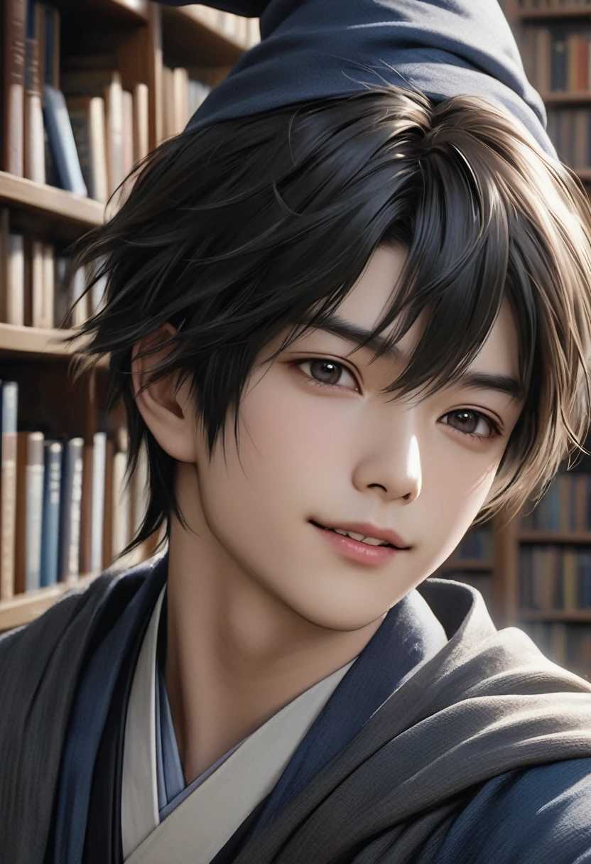 high quality, detailed, Realistic,(one 16 years old japanese wizard boy:1.5), (detailed black eyes), (black short hair), library,(smile:0.8), best quality, 4k, 8k, highres, (masterpiece:1.2),ultra-detailed, (realistic, photorealistic, photo-realistic:1.37), (face close up:0.7),--no watch,