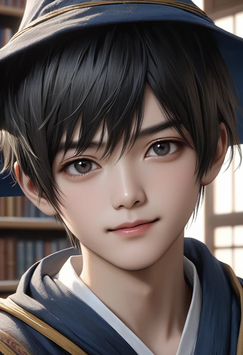 high quality, detailed, Realistic,(one 16 years old japanese wizard boy:1.5), (detailed black eyes), (black short hair), library,(smile:0.8), best quality, 4k, 8k, highres, (masterpiece:1.2),ultra-detailed, (realistic, photorealistic, photo-realistic:1.37), (face close up:0.7),--no watch,