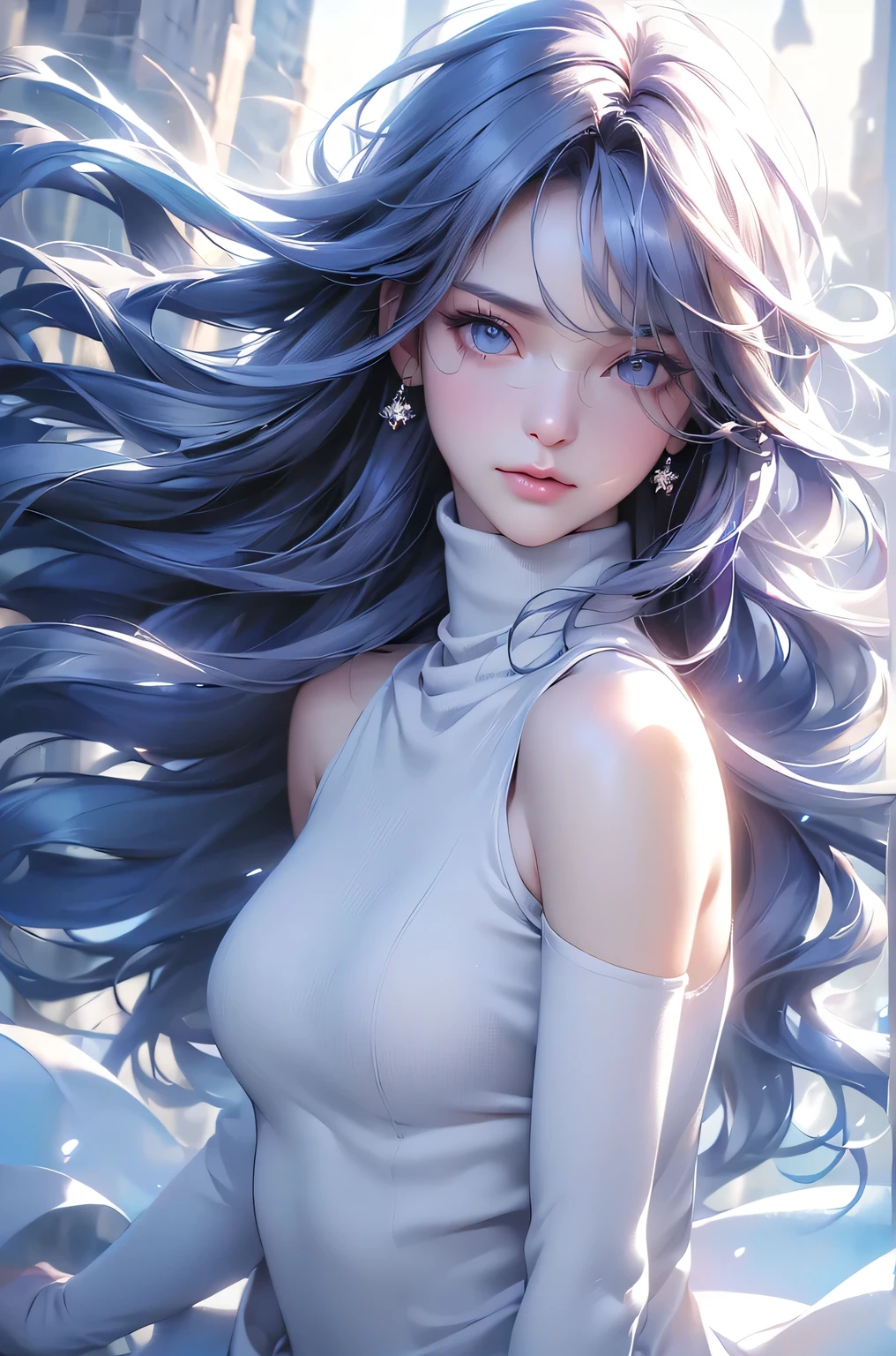 (Above the knees image)((masterpiece:1.5、8k、Portraiture、Photorealistic and very detailed CG、Very detailed、Particle Effects、Dynamic Effects、Written boundary depth、Cinematic Light、Lens flare、Ray Tracing、Tabletop、Realistic:1.4、Ultra-high resolution:1.2、Realistic、Realistic))((alone、Turtleneck dress,No sleeve、Woman in white fur coat:1.4、Exposed sideways breast doll-like pose、Detailed face、brightexpression、young, bright, Whiter skin、Small breasts:1.4、Best Looks、Ultimate beauty、Grey hair with shiny highlights:1.8、bright and shiny hair,、Arranged Hair、Hair dancing in the wind))(morning、In the background is a snowy hill overlooking the ruins...)