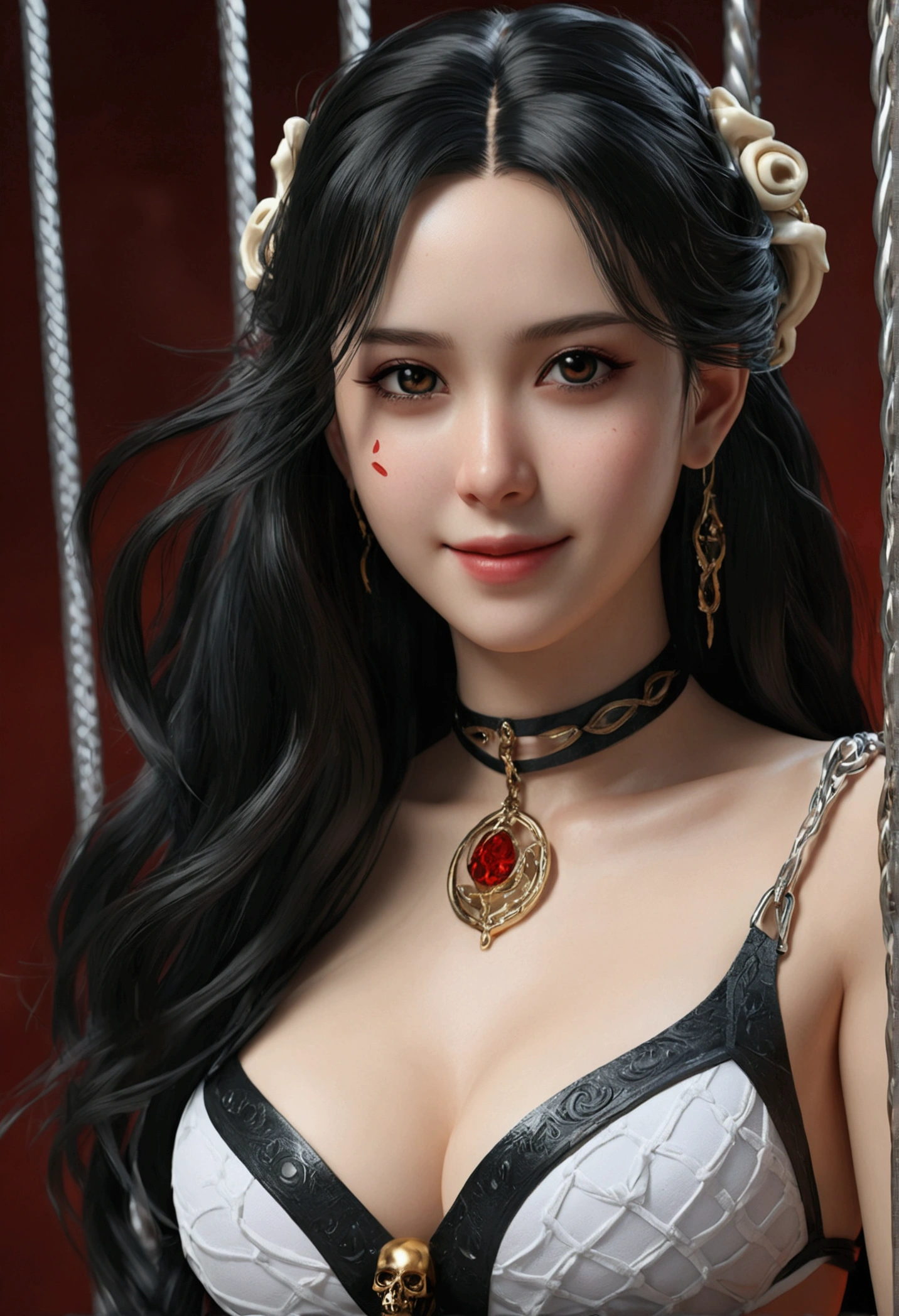 Highest quality, masterpiece, Very detailed,One Girl, cage, bandage, Red rope, (Detail Light), Boa Hancock,, (masterpiece:1.5), Detailed Photos, smile,(8k, Realistic, Highest quality: 1.4), (One Girl), Beautiful Face, (Anime realistic face), (Black Hair, Long Hair: 1.3), Beautiful Hairstyles, Realistic eyes, Beautiful details in the eyes, (Realistic Skin), Beautiful Skin, (Swimwear), (((Cowboy Shot))), Absurd, charm, 超High resolution, Ultra-realistic, High resolution, Golden Ratio, Salome, White snake with a skull on its head, Big Snake