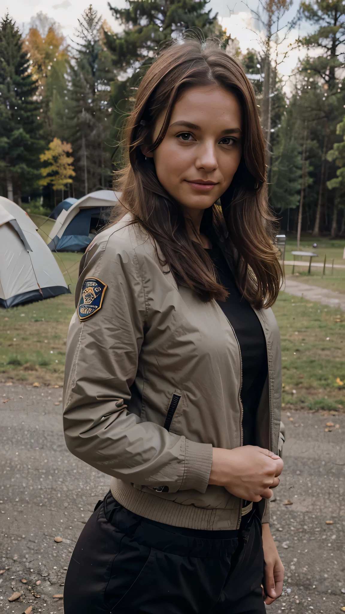 german woman, brown medium hair, brown eyes, 32 years old, the police officer, smirk, going camping, long distance shot, wearing jacket and pants