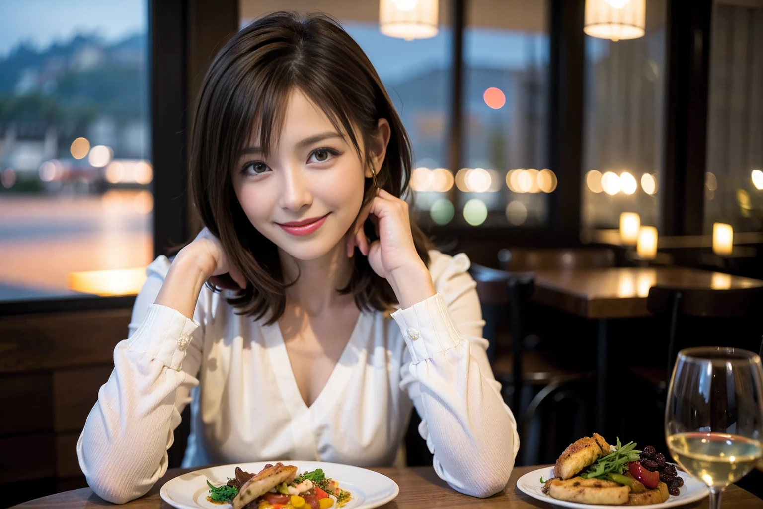 (Realistic:1.1),(masterpiece,Highest quality),8k,(58 years old), 53 years old, ベリーslimボディ、slimカップル、Tight waist,Upper Body,full-course dinner、wine 、Amazing view of the sunset sky and clouds、Perfect Anatomy, Brown Hair, short hair,Random Hairstyles,((Highly detailed face and eyes:1.2)),Perfect golden ratio face,Long sleeve shirt、dress,(smile:1.2)、Shortcuts、cute、(Realistic, Intricate details:1.2), A bright smile、short hair,Bright Face、赤wine 、Appetizers、Italian food、wine bottle、Champagne、スパークリングwine、(slimな顔), (The body is slim), (Brown Hair), (Shortcuts), Upper Body, 白wine, slim, wineグラス,