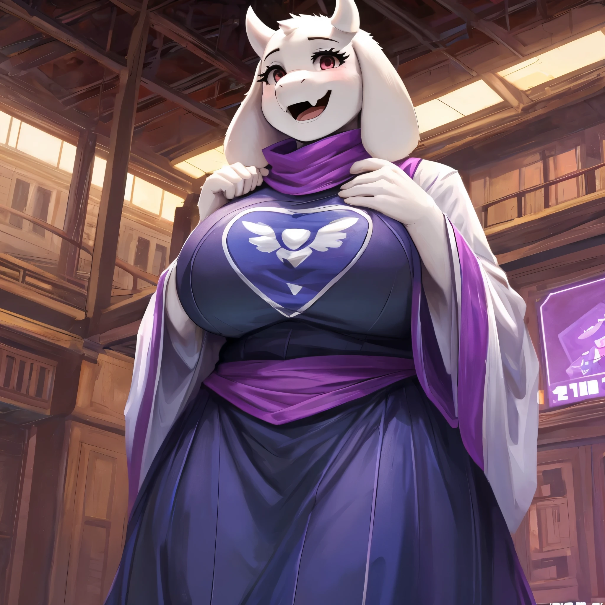 Toriel (Undertale and Deltarune), score_9, score_8_up, score_7_up, masterpiece, high quality, high resolution, 1girl, solo, (detailed beautiful faces), (perfect anatomy), huge breasts, full body, view at viewers, happy expression, indoor background