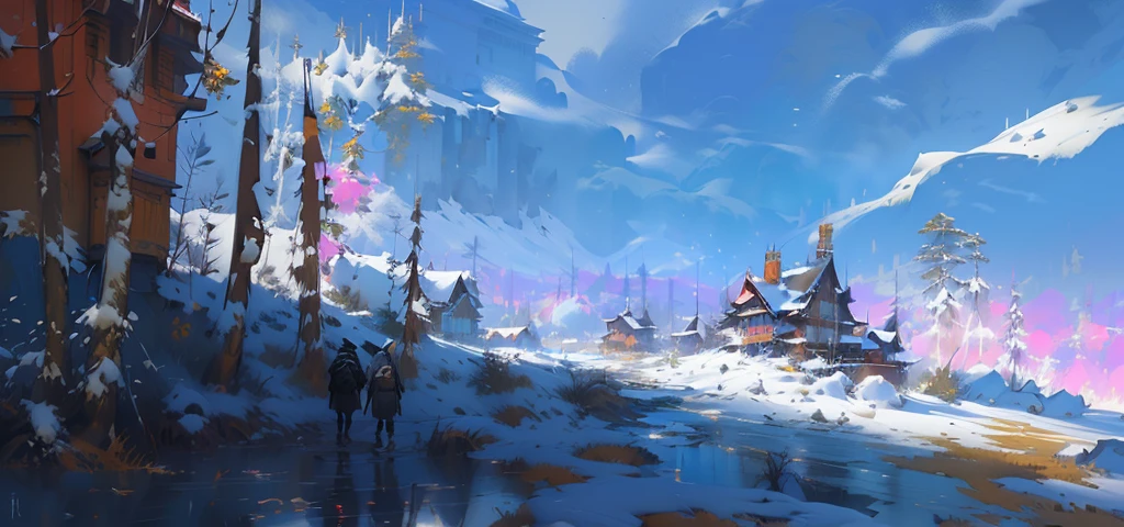 There is a city with many buildings in the painting,There is another person walking in the snow, Ismail Inceoglu and Nguyen Gia, Concept Art, 冬季Concept Art, author Ismail Inceoglu, inspired author Ismail Inceoglu, Concept Art风格, 以游戏Concept Art形式进行绘制, 数字Concept Art, Concept Art场景, author:Alexander Jean