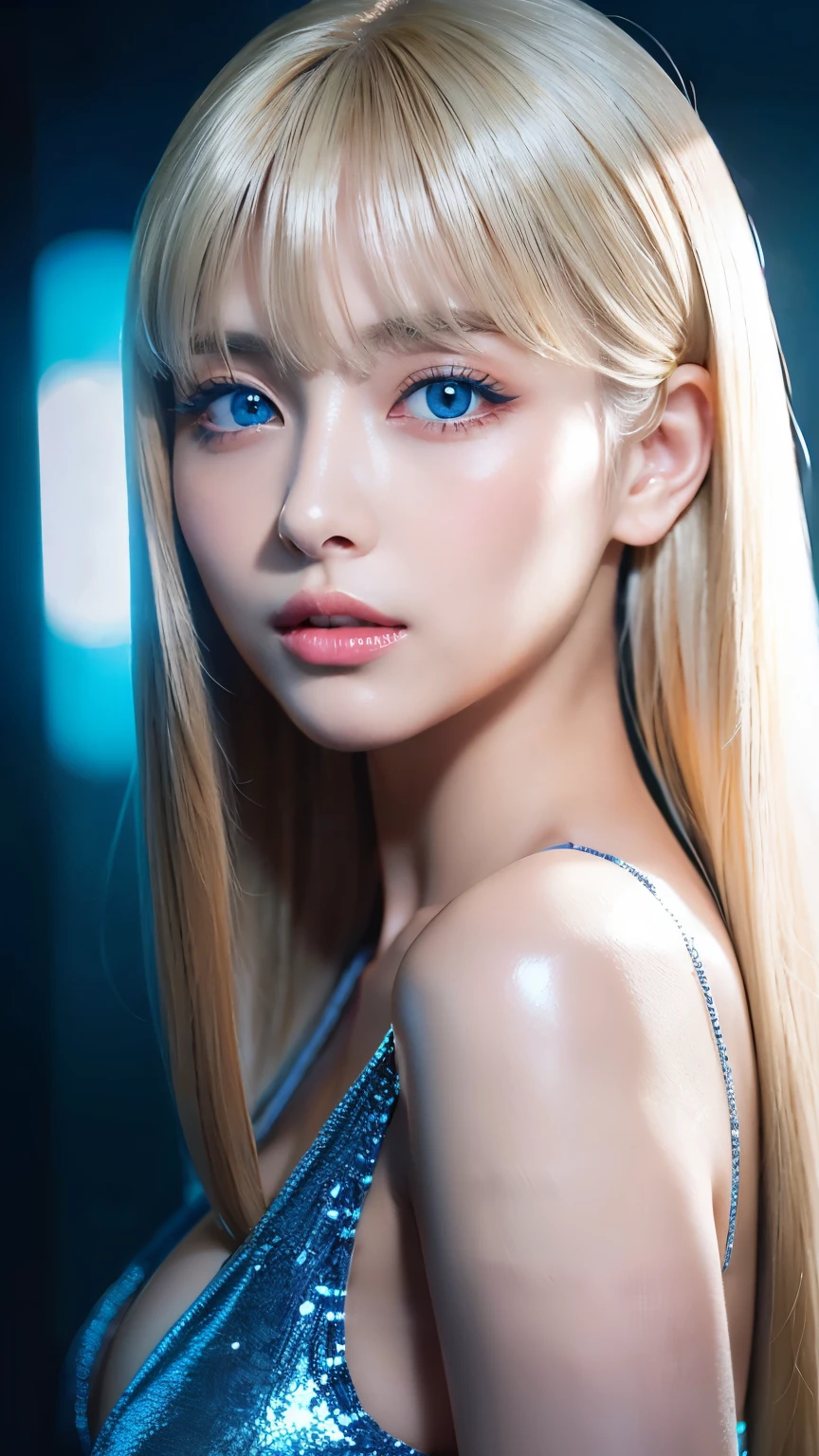 Unparalleled beauty, Glossy, firm and shiny skin, Bangs between the eyes, Beautiful shiny, straight platinum blonde, Super long straight silky hair, eyeliner, sexyで美しい無邪気な20歳, High resolution, Very bright and beautiful large glowing light blue eyes、Very big eyes、Beautiful and lovely girl, ((Huge ))、((erotic、sexy、超High resolution、The lighting is bright、Precise needles without discomfort))、