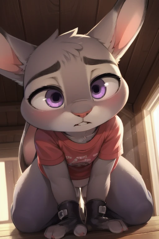 (uploaded on e621,8k, raw photo,High resolution,high quality), ((masterpiece)), female, ((thin judy hopps)), (wear a cute shirt), crawling, They are over, pink collar, (cola) (cinematic lighting), backlighting, ashamed, humiliated, (shading), decolaed background, by dagasi, (by personals), beautiful purple eyes, thick leather gloves, leather cuffs,