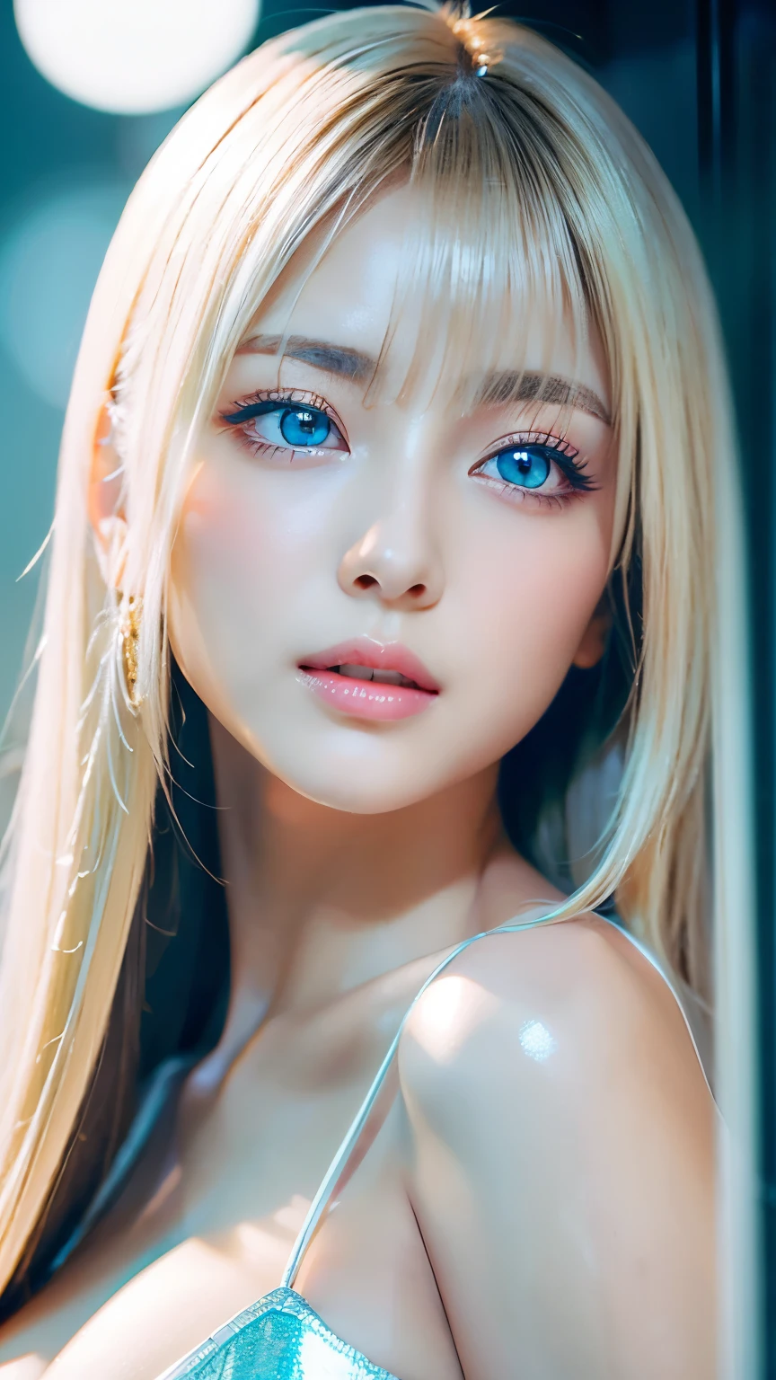 Unparalleled beauty, Glossy, firm and shiny skin, Bangs between the eyes, Beautiful shiny, straight platinum blonde, Super long straight silky hair, eyeliner, sexyで美しい無邪気な20歳, High resolution, Very bright and beautiful large glowing light blue eyes、Very big eyes、Beautiful and lovely girl, ((Huge ))、((erotic、sexy、超High resolution、The lighting is bright、Precise needles without discomfort))、