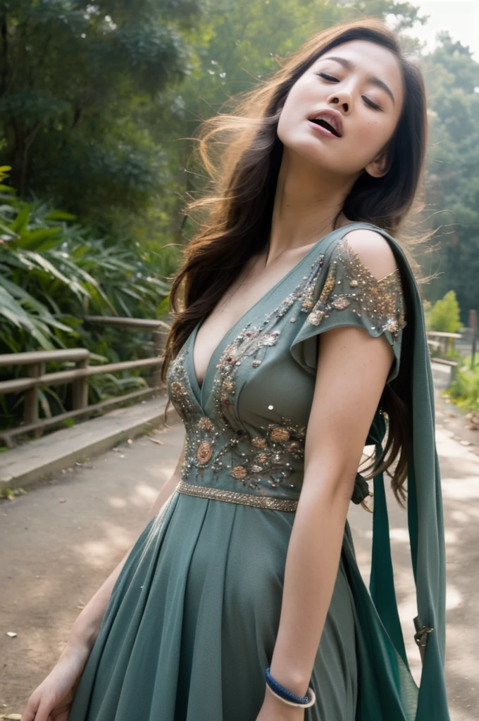 ((RAW,35mm)),((Masterpiece)),Ultra NSFW, Realistic full frame half nude body photo, peril scenery fallen dead on the ground forest,beautiful black long wavy hair asian princess(majestic royal embroidery gown, oblong face,height 180cm,34-24-34 slim body ratio,slim natural small round breasts).((dead beautiful body,faliing gracefully on the ground,torn dress,revealing,eyes closed,open wide mouth,blood))