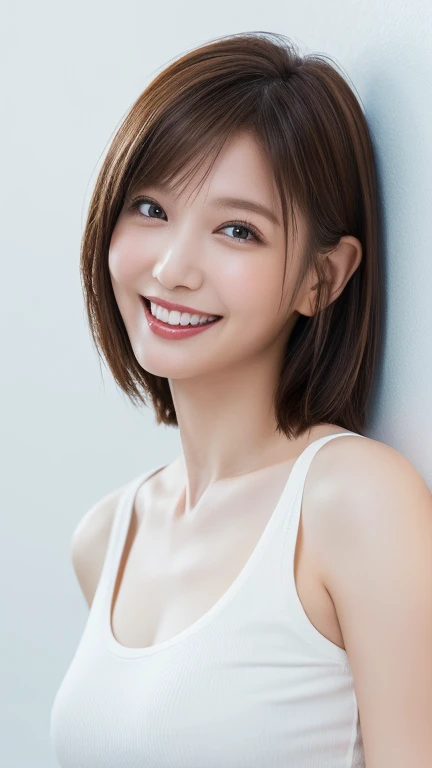 (Highest quality、8k、32K、masterpiece)、(Realistic)、(Realistic:1.2)、(High resolution)、Very detailed、Very beautiful face and eyes、1 girl、Round and small face、Tight waist、Delicate body、(close、Highest quality、Attention to detail、Rich skin detail)、(Highest quality、8k、Oil paints:1.2)、Very detailed、(Realistic、Realistic:1.37)、Bright colors、(((Blushing)))、(((I have brown hair)))、(((Laughter)))、(((Bust Shot)))、((short hair、ponytail))、(((Pure white wall background)))、(((She is wearing a white T-shirt)))、(((Pure white wall background)))、(((It is a short-sleeved T-shirt)))、(((Teeth are visible)))、(((I put my hands on my head)))、(((Black underwear is visible above the collarbone)))
