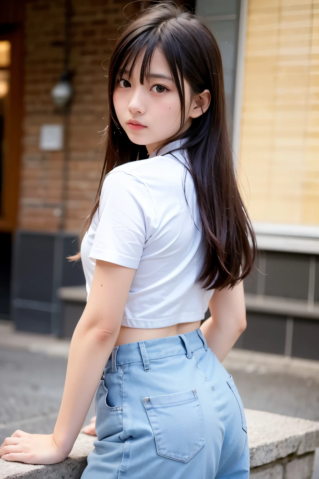 Highest quality, masterpiece, 1 girl, 12~14 years old, Beautiful Face, Realistic, Soft lighting, Bokeh,Student Uniform,sexy,whole body ,back