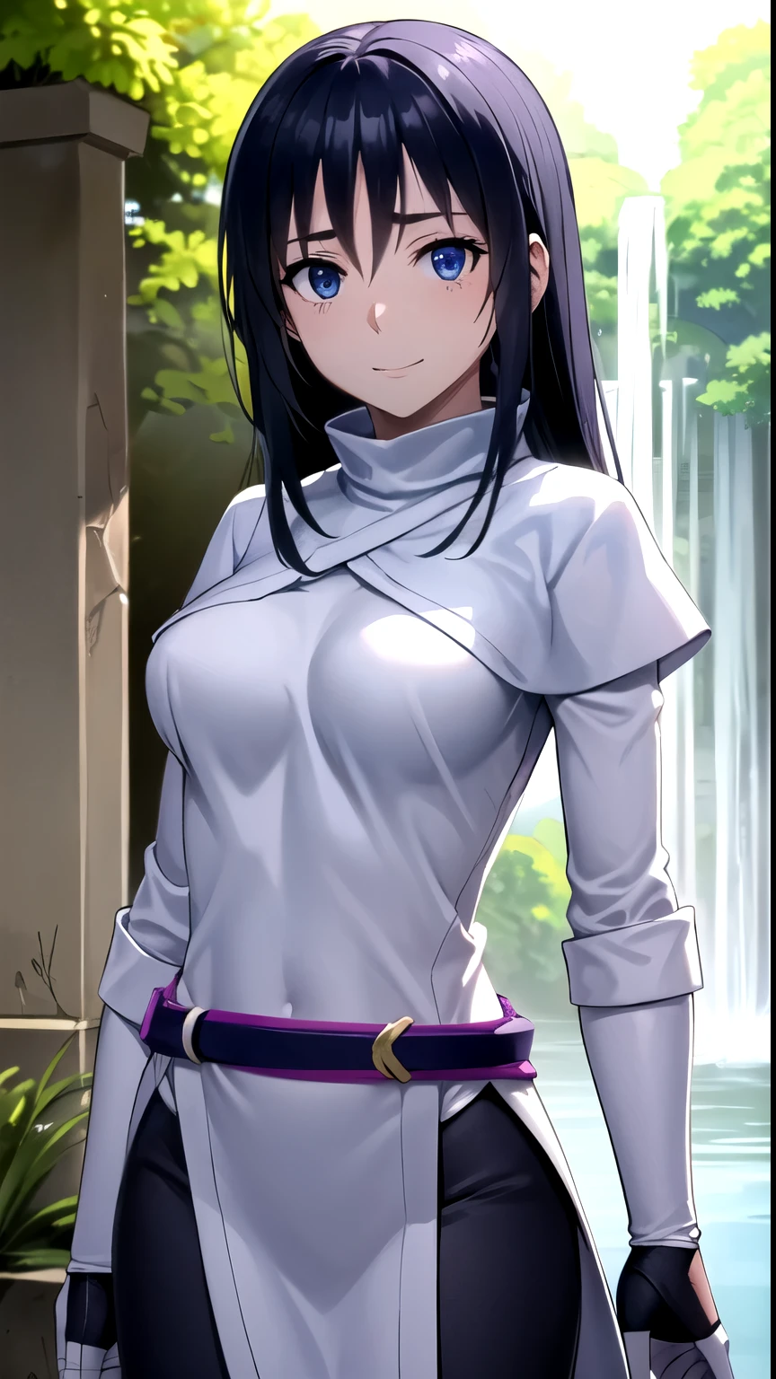 photorealistic, (4k), depth of field, (masterpiece), (realistic skin texture), extremely detailed, Intricate, hyper detailed, Professional photography, bokeh, High resolution, sharp detail, Best Quality, Girl, White shirt, white coat, Black pants, by the wide, black fur, dark blue eyes, white gloves, purple belt, trespass , lush nature, (waterfall), (stone ruins:1.3), aqueducts, careless, happy,