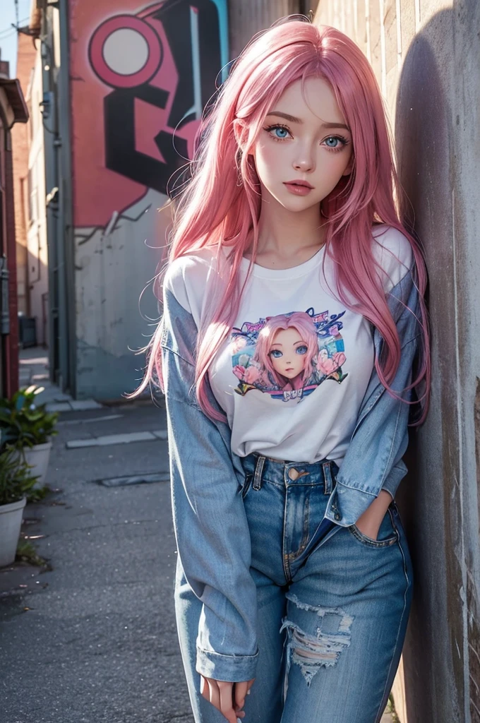 A beautiful young woman with vibrant pink hair and striking blue eyes, 1girl, highly detailed face, beautiful detailed eyes, beautiful detailed lips, extremely detailed eyes and face, long eyelashes, cute style, Disney Pixar character, Anna, pink hair, blue eyes, wearing a casual yet stylish outfit: a graphic t-shirt, distressed denim jacket, jogger pants, and white sneakers, whimsical, colorful, soft lighting, cinematic, photorealistic, 8K, highest quality, leaning against a graffiti-covered wall in an alleyway.