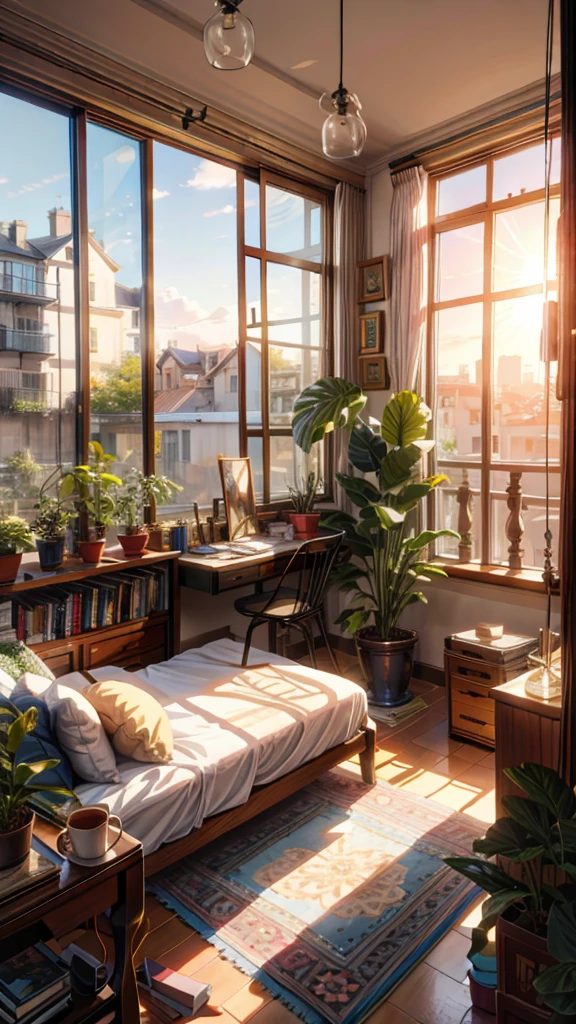 painting of a French bedroom interior view, beautiful calm lofi vibe,monstera plant, rug,desk,chair, golden hour,hanging lights  ,chair,table 4k hd, cloud, Bougainville,beautiful art uhd 4 k, a beautiful artwork illustration, beautiful digital painting, highly detailed digital painting, beautiful digital artwork, detailed painting 4 k, very detailed digital painting, rich picturesque colors, gorgeous digital painting