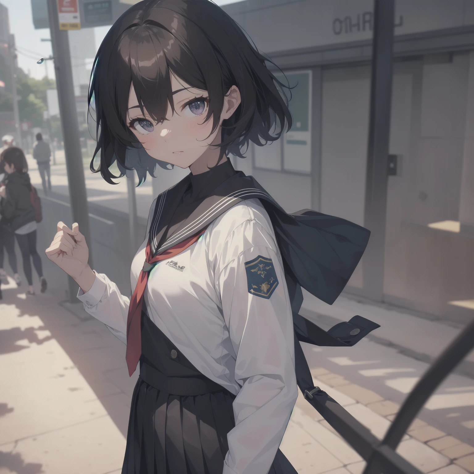 ultra-absurdres-Top quality by artist God, ultra-detailed, high resolution, anime moe artstyle, best anime 8k konachan wallpaper, pixiv contest winner, pool:2810, perfect anatomy,break, 1girl, (Please draw a girl walking sleepily to school alone. )break,(Solo,little female, 13-year-old:1.3),Full limbs, complete fingers,a junior high school student, (very short hair), short cut, flat chest, , small butt, small black eyes, beautiful detailed eyes, well-proportioned iris and pupils, expressive eyes, highres detailed hair, soft expression, salor school_uniform, sailor collar, serahuku, bow, pleated skirt,(Detailed Lighting), (Detailed background), in the School commute route. break,super detailed skin, Best cinematic lighting powered by famous artist, 8k,beauty illustration,photoshop_(medium),very aesthetic,break,((artist:fujima_takuya )), artist:clamp ,artist:carnelian ,artist:kantoku ,
