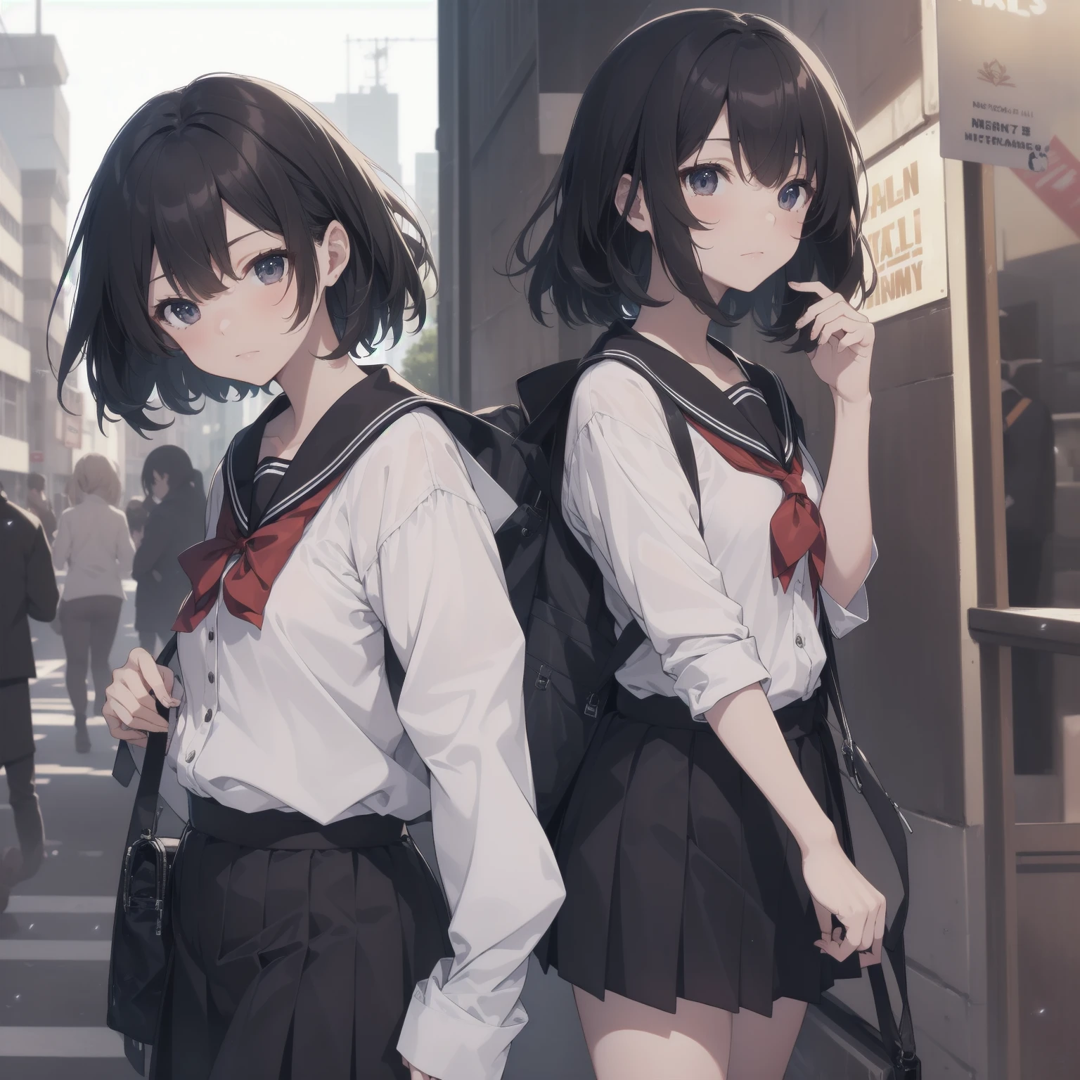 ultra-absurdres-Top quality by artist God, ultra-detailed, high resolution, anime moe artstyle, best anime 8k konachan wallpaper, pixiv contest winner, pool:2810, perfect anatomy,break, 1girl, (Please draw a girl walking sleepily to school alone. )break,(Solo,little female, 13-year-old:1.3),Full limbs, complete fingers,a junior high school student, (very short hair), short cut, flat chest, , small butt, small black eyes, beautiful detailed eyes, well-proportioned iris and pupils, expressive eyes, highres detailed hair, soft expression, salor school_uniform, sailor collar, serahuku, bow, pleated skirt,(Detailed Lighting), (Detailed background), in the School commute route. break,super detailed skin, Best cinematic lighting powered by famous artist, 8k,beauty illustration,photoshop_(medium),very aesthetic,break,((artist:fujima_takuya )), artist:clamp ,artist:carnelian ,artist:kantoku ,