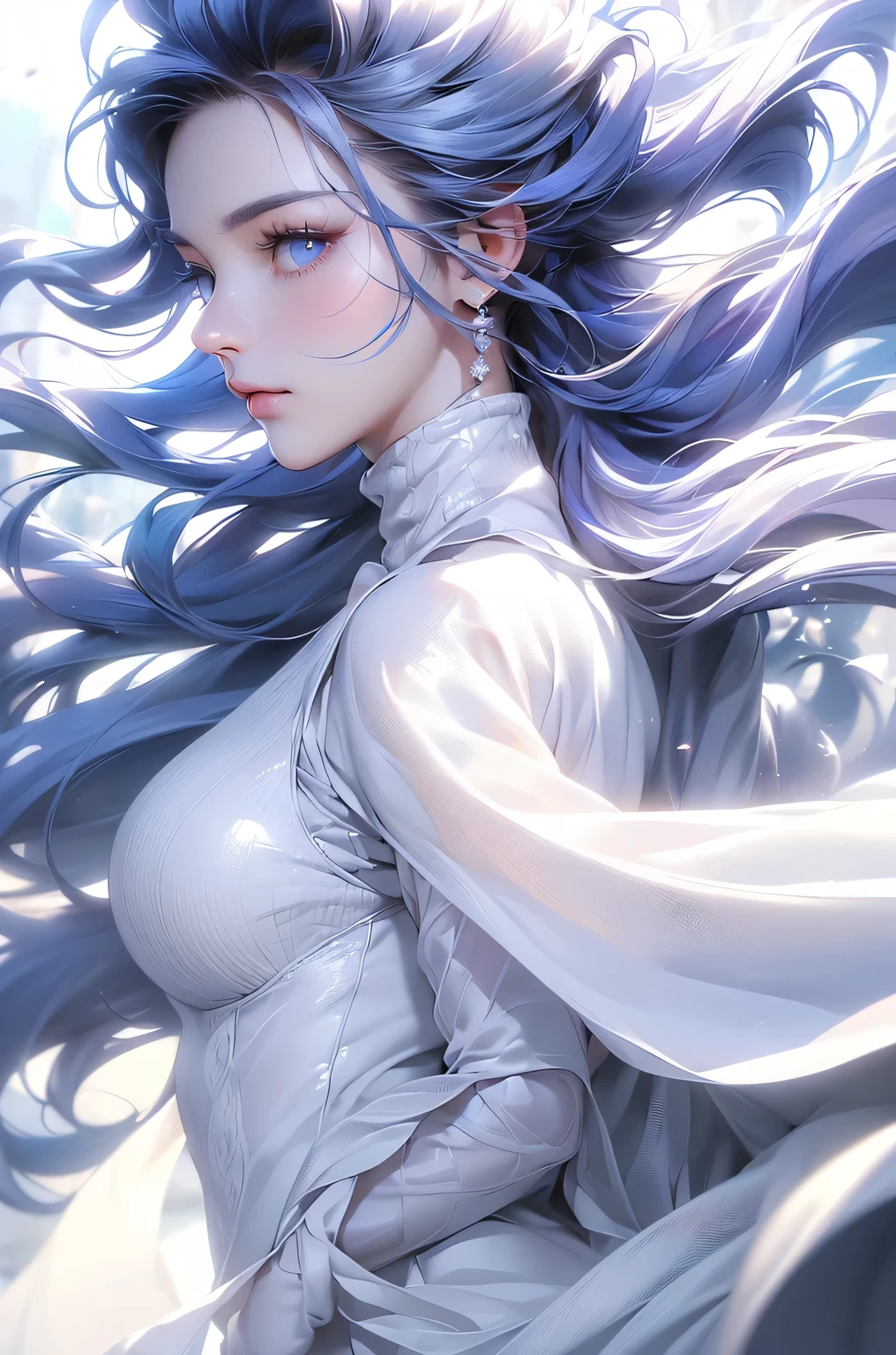 (Above the knees image)((masterpiece:1.5、8k、Portraiture、Photorealistic and very detailed CG、Very detailed、Particle Effects、Dynamic Effects、Written boundary depth、Cinematic Light、Lens flare、Ray Tracing、Tabletop、Realistic:1.4、Ultra-high resolution:1.2、Realistic、Realistic))((alone、Turtleneck dress,No sleeve、Woman in white fur coat:1.4、Exposed sideways breast doll-like pose、Detailed face、brightexpression、young, bright, Whiter skin、Small breasts:1.4、Best Looks、Ultimate beauty、Grey hair with shiny highlights:1.8、bright and shiny hair,、Arranged Hair、Hair dancing in the wind))(morning、In the background is a snowy hill overlooking the ruins...)