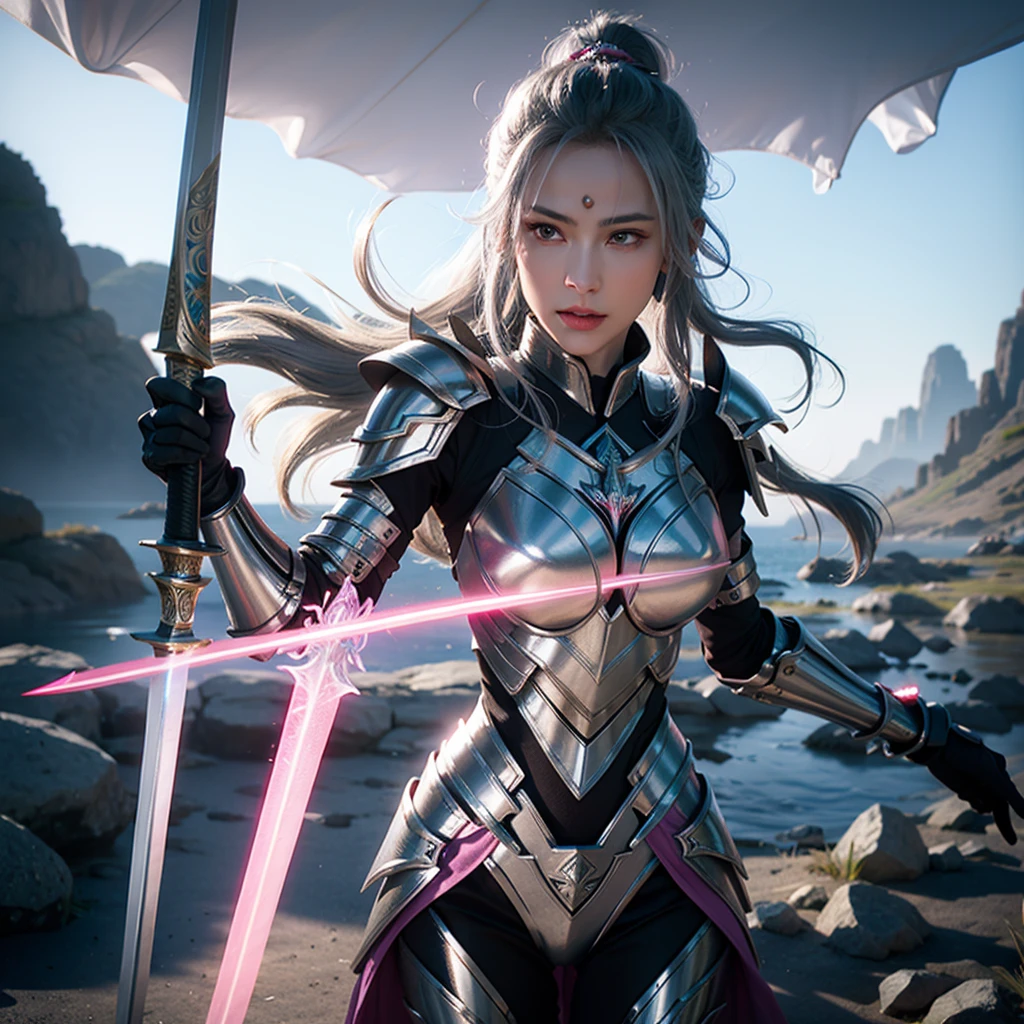 arafed woman in a silver outfit holding two swords, sharp silver armor fuchsia skin, female character, hyperdetailed fantasy character, slick pink armor, valkyrie style character, fuchsia skin beneath the armor, fantasy character, female lead character, new character, unreal engine character art, as a mystical valkyrie, cinematic full character, katana zero video game character