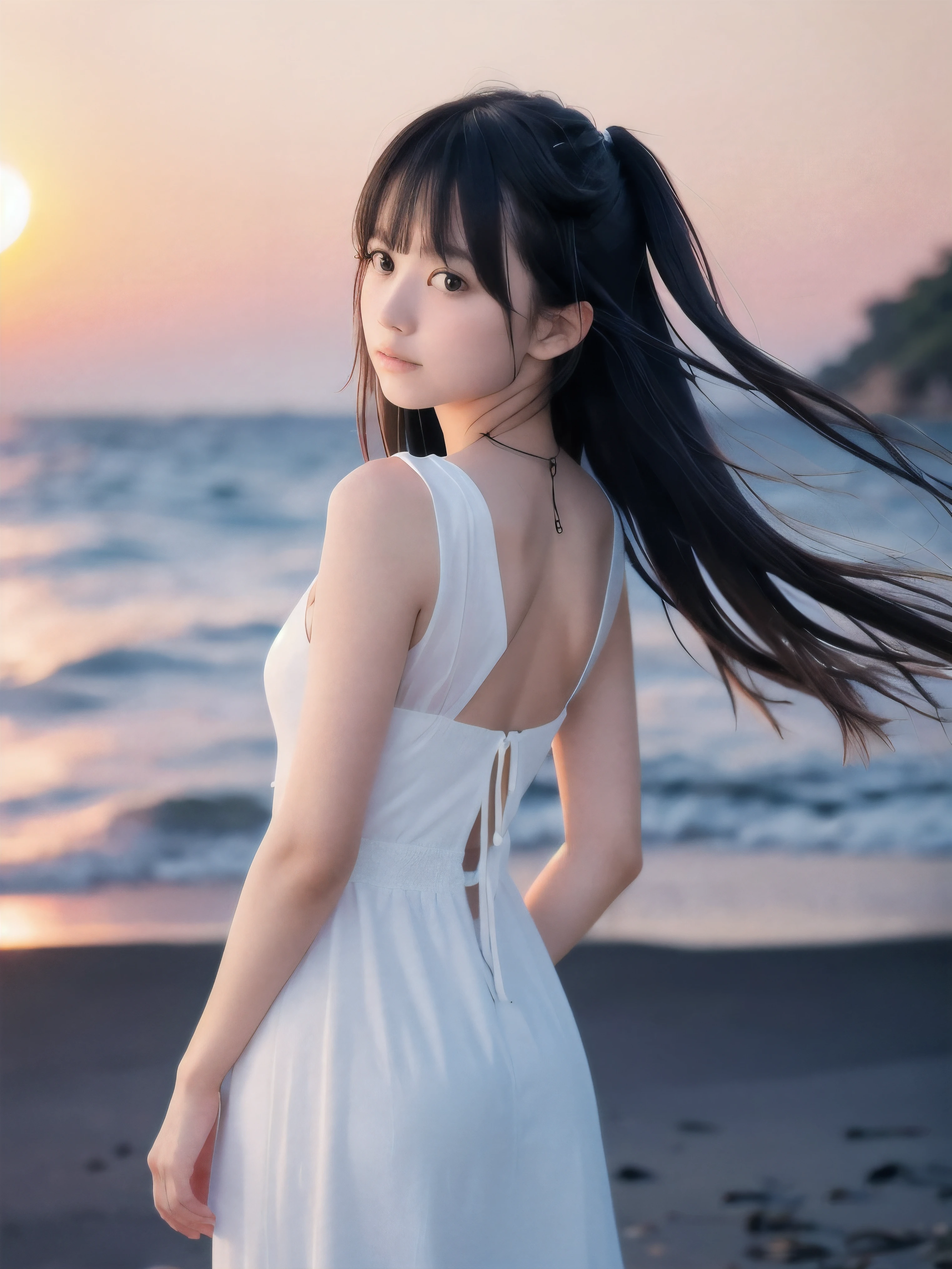 (Close up face shot of slender small-breasted two side up black medium hair with bangs girl wearing a white summer dress:1.5)、(One girl is looking back with serious face at the cape of the sea in Japan:1.5)、(Summer beautiful sunset red sky:1.5)、(blurred background:1.5)、(8k ultra detailed master piece:1.5)、(perfect anatomy:1.5)、(Photorealistic stick:1.5)、(Raw photo:1.3)、(highest quality:1.5)、(High resolution:1.3)、(Delicate and beautiful perfect face:1.3)、(Delicate and beautiful eye air skin:1.3)、(Real Human Skin:1.3)、((thin legs))