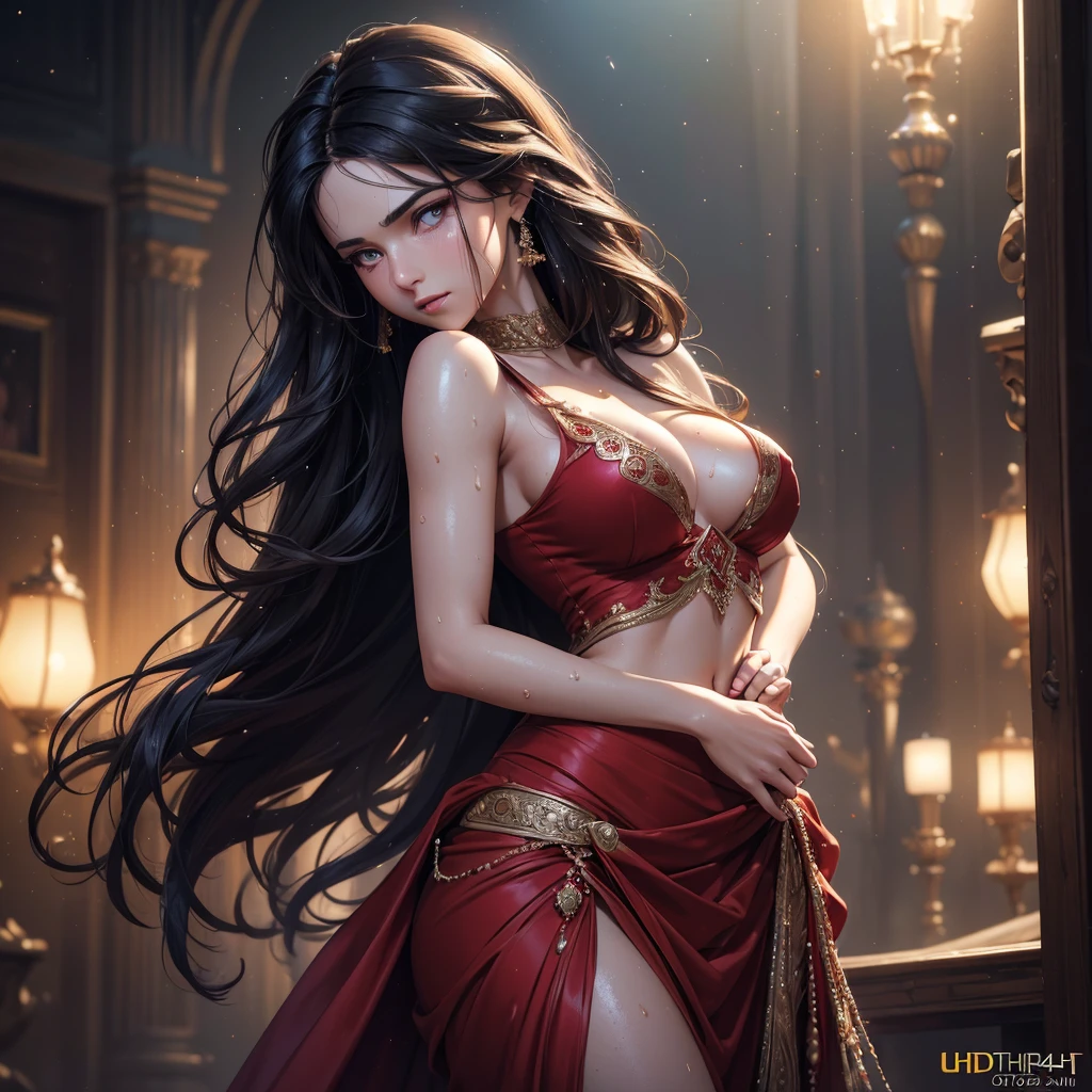 a beautiful hot and sexy persian princess, fitted red sharara dress, long wavy black hair, pale white skin, entire body covered in glistening sweat drops, sweat dripping from armpits, large breasts visible, nipples visible, hand on waist, detailed facial features, (best quality,4k,8k,highres,masterpiece:1.2),ultra-detailed,(realistic,photorealistic,photo-realistic:1.37),HDR,UHD,studio lighting,ultra-fine painting,sharp focus,physically-based rendering,extreme detail description,professional,vivid colors,bokeh,portrait