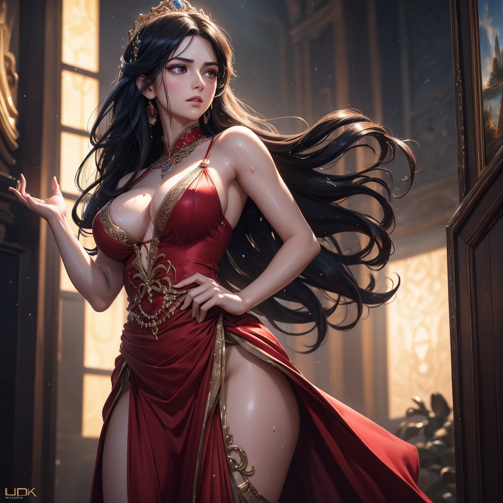 a beautiful hot and sexy persian princess, fitted red sharara dress, long wavy black hair, pale white skin, entire body covered in glistening sweat drops, sweat dripping from armpits, large breasts visible, nipples visible, hand on waist, detailed facial features, (best quality,4k,8k,highres,masterpiece:1.2),ultra-detailed,(realistic,photorealistic,photo-realistic:1.37),HDR,UHD,studio lighting,ultra-fine painting,sharp focus,physically-based rendering,extreme detail description,professional,vivid colors,bokeh,portrait