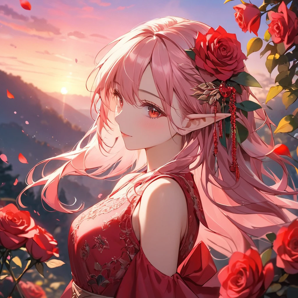 (masterpiece:1.2),(1 girl),elf,red cute dress,beautiful detailed red eyes,In the fantastic beauty of the pink sunset, Countless vibrant red roses bloom, pink blonde hair, A gentle light spreads over the tranquil surroundings, Delicate petals blend into intricate patterns,The background is soft and blurry,Add a dramatic and symbolic element to your scene, The petals are soft, Magical colors and atmosphere,sideways glance