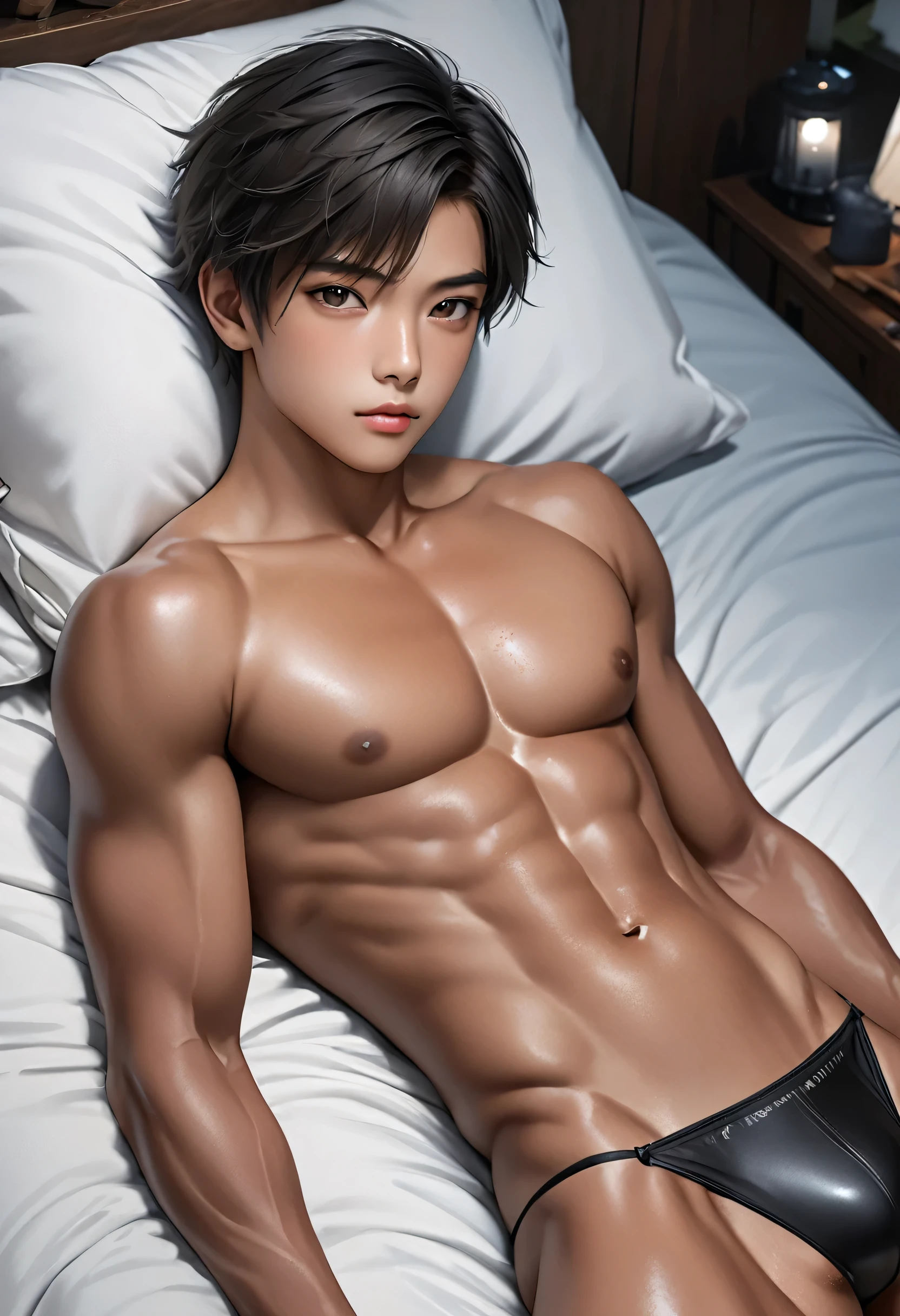 high quality, detailed, Realistic,(one  tanned japanese boys:1.5), (detailed black eyes), (black short hair), (muscle:1.2), (tanned dark brown skin), night bed, (black tiny thong), (bulge), (detailed nipples), (detailed areola), best quality, 4k, 8k, highres, (masterpiece:1.2),ultra-detailed, (realistic, photorealistic, photo-realistic:1.37), looking at viewer, (face close up:0.7),--no watch,