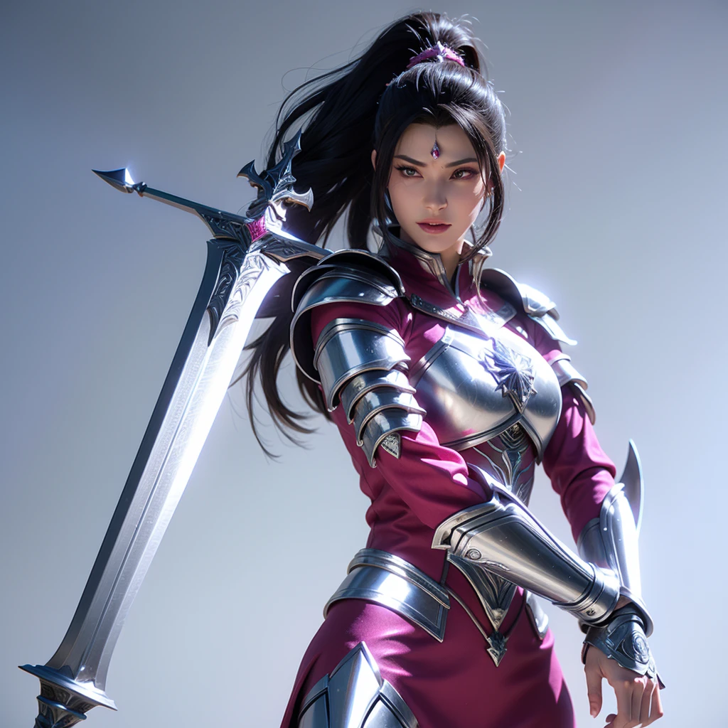 arafed woman in a silver outfit holding two swords, a low poly render inspired by senior character artist, trending on cg society, fantasy art, sharp silver armor fuchsia skin, female character, hyperdetailed fantasy character, slick pink armor, valkyrie style character, fuchsia skin beneath the armor, fantasy character, new character, female lead character, unreal engine character art