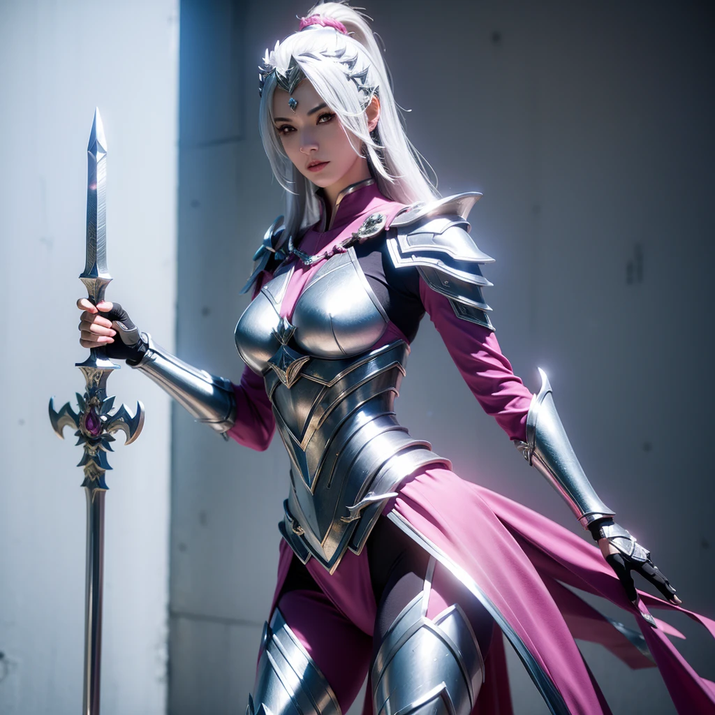 arafed woman in a silver outfit holding two swords, a low poly render inspired by senior character artist, trending on cg society, fantasy art, sharp silver armor fuchsia skin, female character, hyperdetailed fantasy character, slick pink armor, valkyrie style character, fuchsia skin beneath the armor, fantasy character, new character, female lead character, unreal engine character art