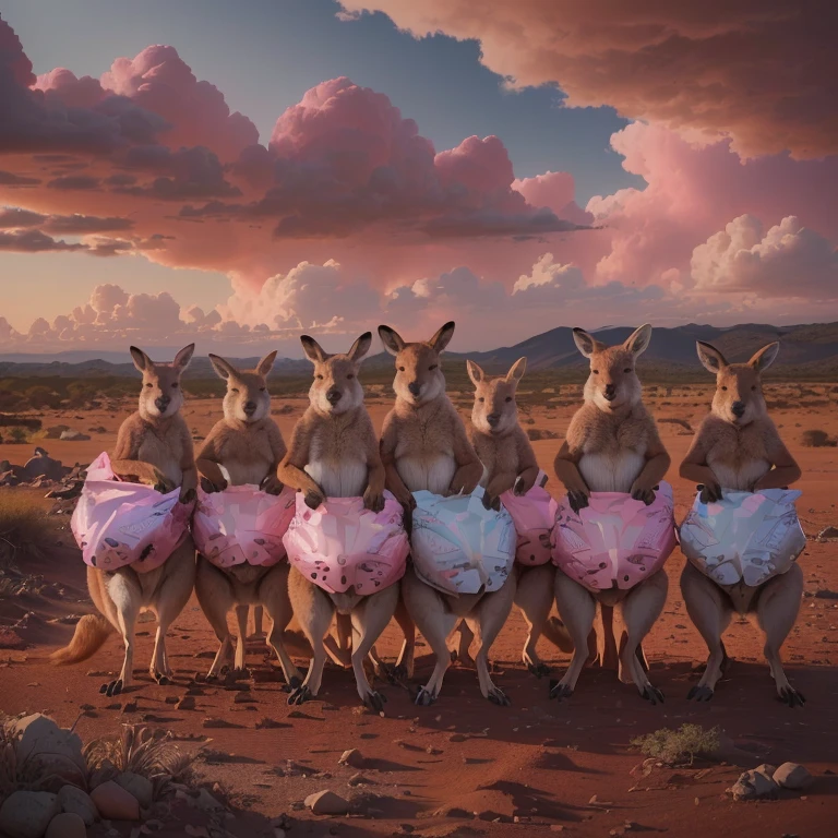 there are a lot of kangaroos that are standing together in the dirt, portrait of a pink gang, kangaroos, by Lee Loughridge, by Jane Kelly, by Lee Gatch, subject : kangaroo, subject: kangaroo, by Peter Alexander Hay, inspired by Jeff Koons, australia, by Mike Winkelmann, by Lisa Milroy, inspired by Peter Alexander Hay