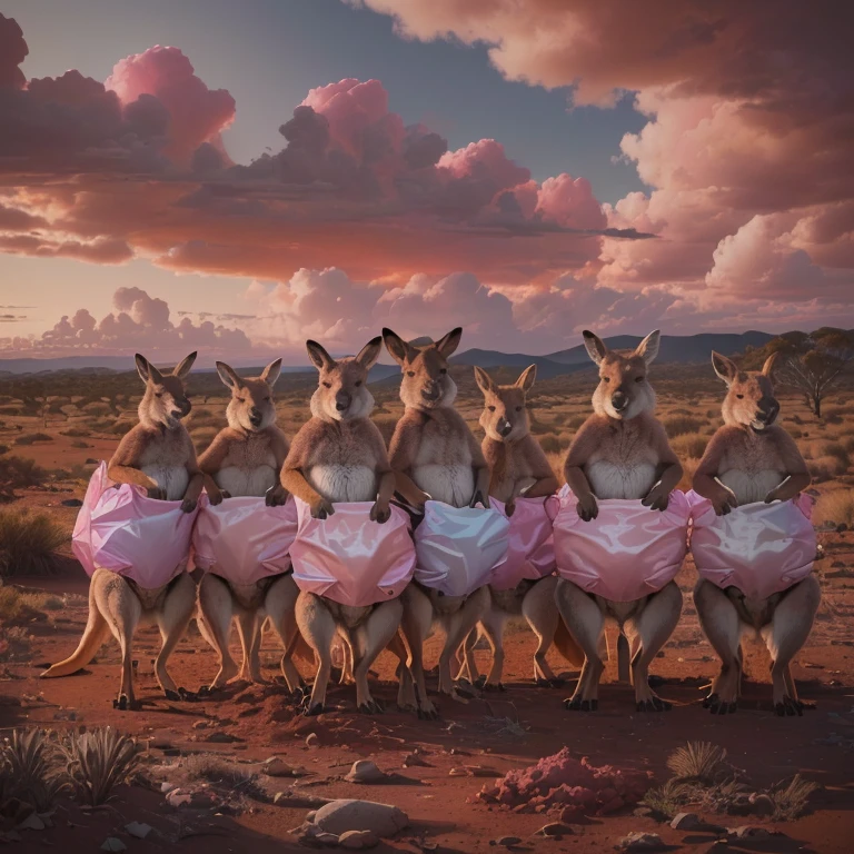 there are a lot of kangaroos that are standing together in the dirt, portrait of a pink gang, kangaroos, by Lee Loughridge, by Jane Kelly, by Lee Gatch, subject : kangaroo, subject: kangaroo, by Peter Alexander Hay, inspired by Jeff Koons, australia, by Mike Winkelmann, by Lisa Milroy, inspired by Peter Alexander Hay