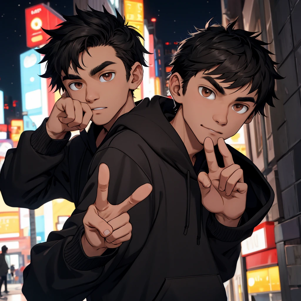 1 young man, short black hair, brown eyes, wearing black hoodie, night, absurdres, high res, ultrasharp, 8K, masterpiece, doing gang sign at viewer