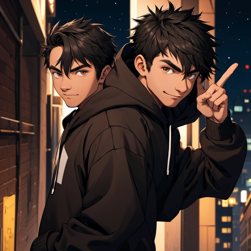 1 young man, short black hair, brown eyes, wearing black hoodie, night, absurdres, high res, ultrasharp, 8K, masterpiece, doing gang sign at viewer