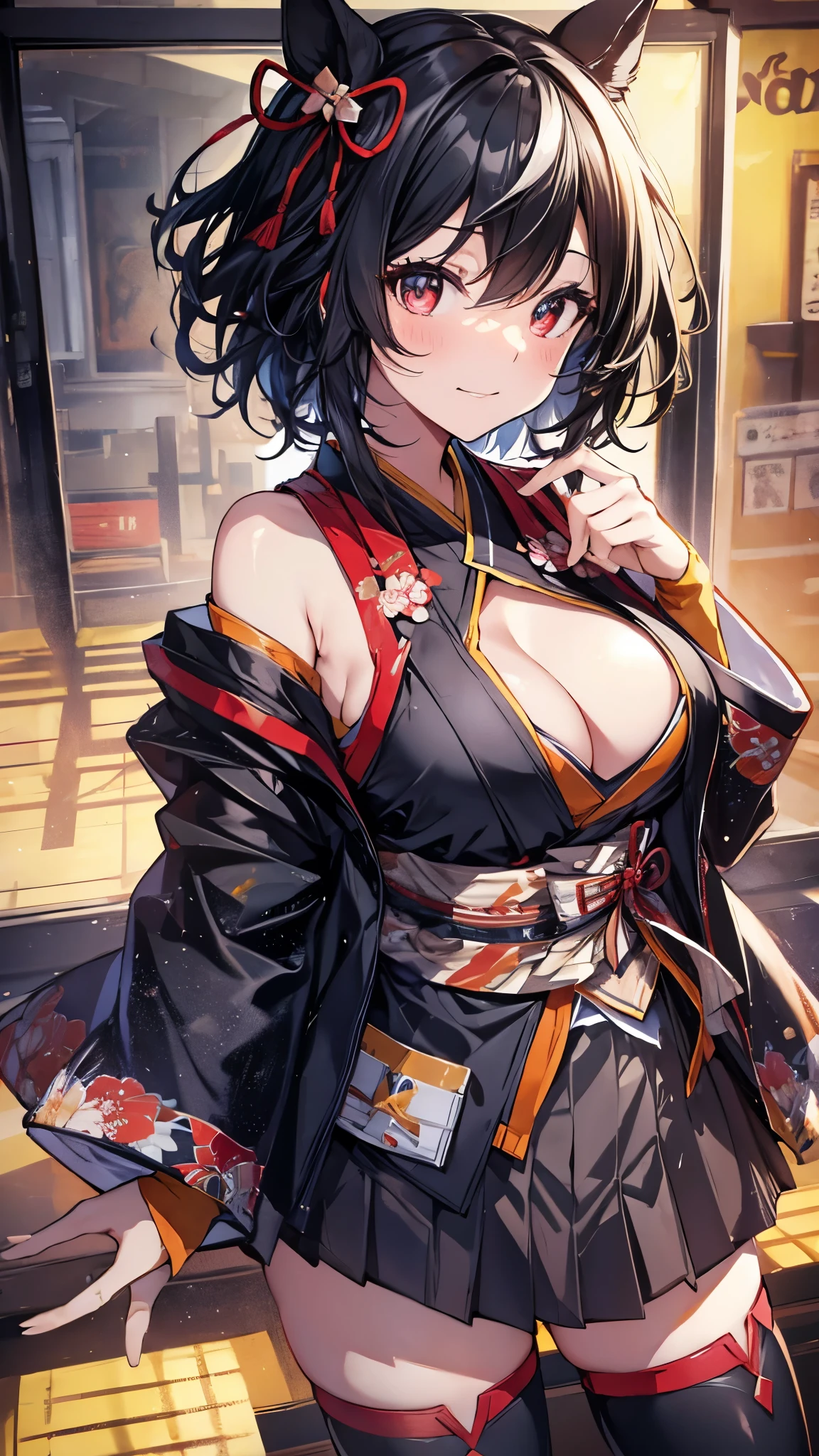 cowboy shot,Kitasan_black_umamusume,seductive smile,animal ears,red eyes,short hair,black hair,striped hair, hair ornaments,small breasts, horse tail,(kimono jacket,cleavage, clothing cutout, detached sleeves, shimenawa, skirt, black thighhighs),(running form:1.3),Racecourse,masterpiece,Noise Reduction,perfect anatomy,high resolution, ultra-detailed, ultra-detailed face,game cg,dutch angle ,beautiful detailed eyes,visualart,five fingers, perfect hands, perfect lighting, sparkling pupils,