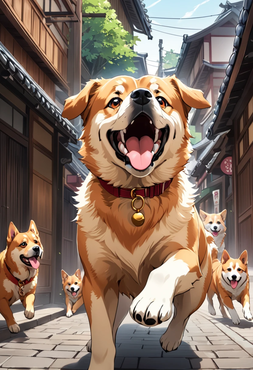 Many dogs running around the streets of Edo、people々has a surprised look on his face.