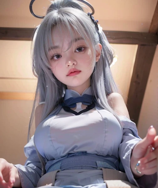 full bodyesbian、silber hair、A dark-haired、top-quality、ultra-detailliert、1girl in、独奏、is standing、Twin braids、red eyes、Maid headdress、maid apronl、bangss、white glove、Gaze、A smile、looking at the viewers、(interview:1.3)、Colossal tits、Huza、all-fours、yes、Drunk、Ahegao ( Silly / Sexual ecstasy)