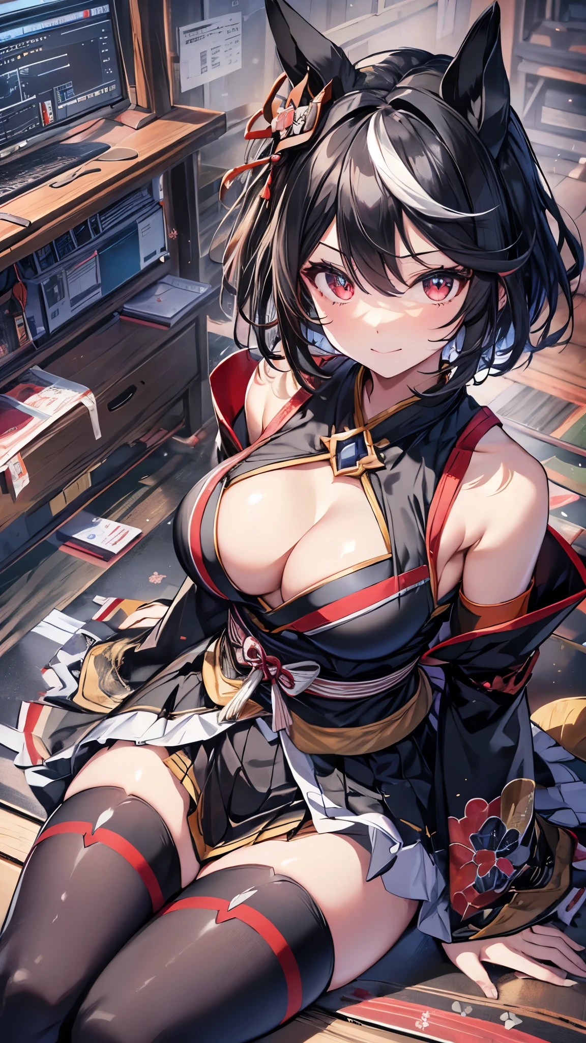 (upper body,from above,breast focus),sitting,(wariza:1.5),Kitasan_black_umamusume,seductive smile,animal ears,red eyes,short hair,black hair,striped hair, hair ornaments,small breasts, horse tail,(kimono jacket,cleavage, clothing cutout, detached sleeves, shimenawa, skirt, black thighhighs),Racecourse,masterpiece,Noise Reduction,perfect anatomy,high resolution, ultra-detailed, ultra-detailed face,game cg,dutch angle ,beautiful detailed eyes,visualart,five fingers, perfect hands, perfect lighting, sparkling pupils,