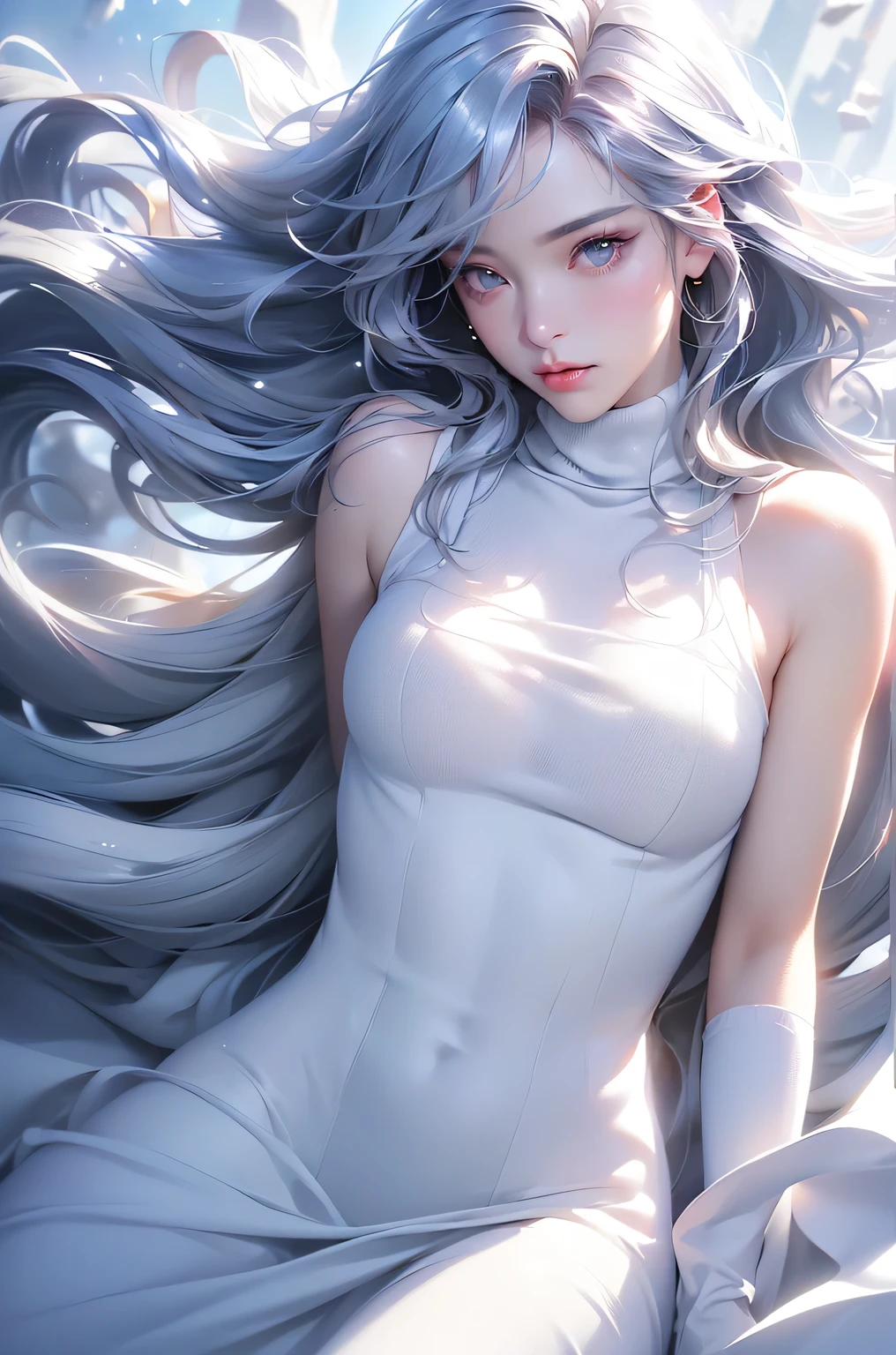 (Above the knees image)((masterpiece:1.5、8k、Portraiture、Photorealistic and very detailed CG、Very detailed、Particle Effects、Dynamic Effects、Written boundary depth、Cinematic Light、Lens flare、Ray Tracing、Tabletop、Realistic:1.4、Ultra-high resolution:1.2、Realistic、Realistic))((alone、Turtleneck dress,No sleeve、Woman in white fur coat:1.4、Exposed sideways breast doll-like pose、Detailed face、brightexpression、young, bright, Whiter skin、Small breasts:1.4、Best Looks、Ultimate beauty、Grey hair with shiny highlights:1.8、bright and shiny hair,、Arranged Hair、Hair dancing in the wind))(morning、In the background is a snowy hill overlooking the ruins...)

