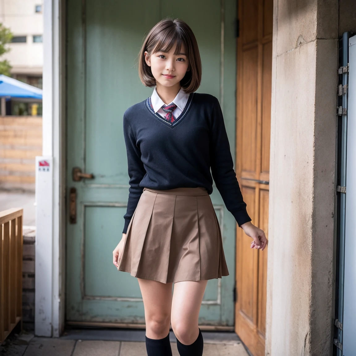 ((Full Body Shot:1.4)),(Lift the hem of a skirt:1.4)Are standing,Highest quality, Soft Light, Ultra-high resolution, (Realistic:1.4), RAW Photos, 1 Japanese girl, (14 years old),alone, cute, (A shy smile:0.5), (Brown eyes, light in your eyes), Beautiful face in every detail, ,(High resolution detail of human skin texture), Short shiny smooth light brown hair, Asymmetrical bangs , break, In the shopping district,(school uniform),