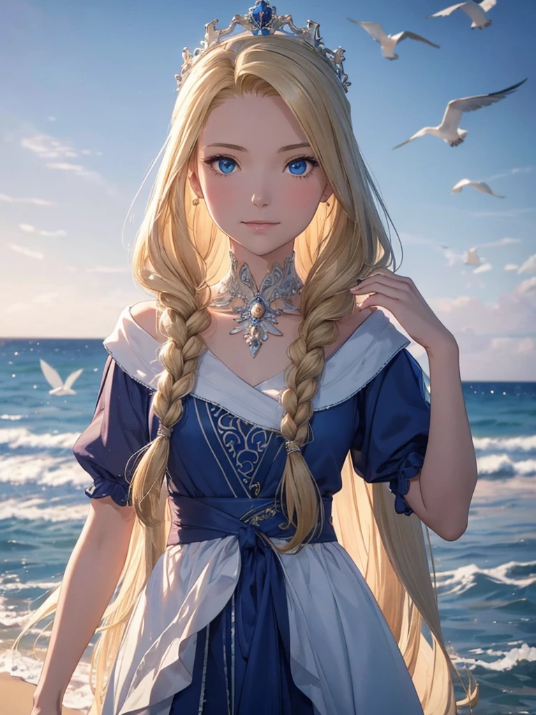 ,((Highest quality))),8k,((masterpiece)),(Very sophisticated and beautiful), A girl emerges from the sea, The Swan Princess of Russian Mythology, Beautiful calm face, blue eyes, Long blonde hair braided, Moon braid at the back of the head, With a kokoshnik crown on his head、White and shiny old Russian clothing, Loving eyes, Half-laugh, There was a gentle look on his face, Background seascape and sunlight, Seagulls in the sky, full length, realism
