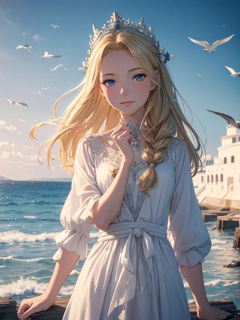 ,((Highest quality))),8k,((masterpiece)),(Very sophisticated and beautiful), A girl emerges from the sea, The Swan Princess of Russian Mythology, Beautiful calm face, blue eyes, Long blonde hair braided, Moon braid at the back of the head, With a kokoshnik crown on his head、White and shiny old Russian clothing, Loving eyes, Half-laugh, There was a gentle look on his face, Background seascape and sunlight, Seagulls in the sky, full length, realism