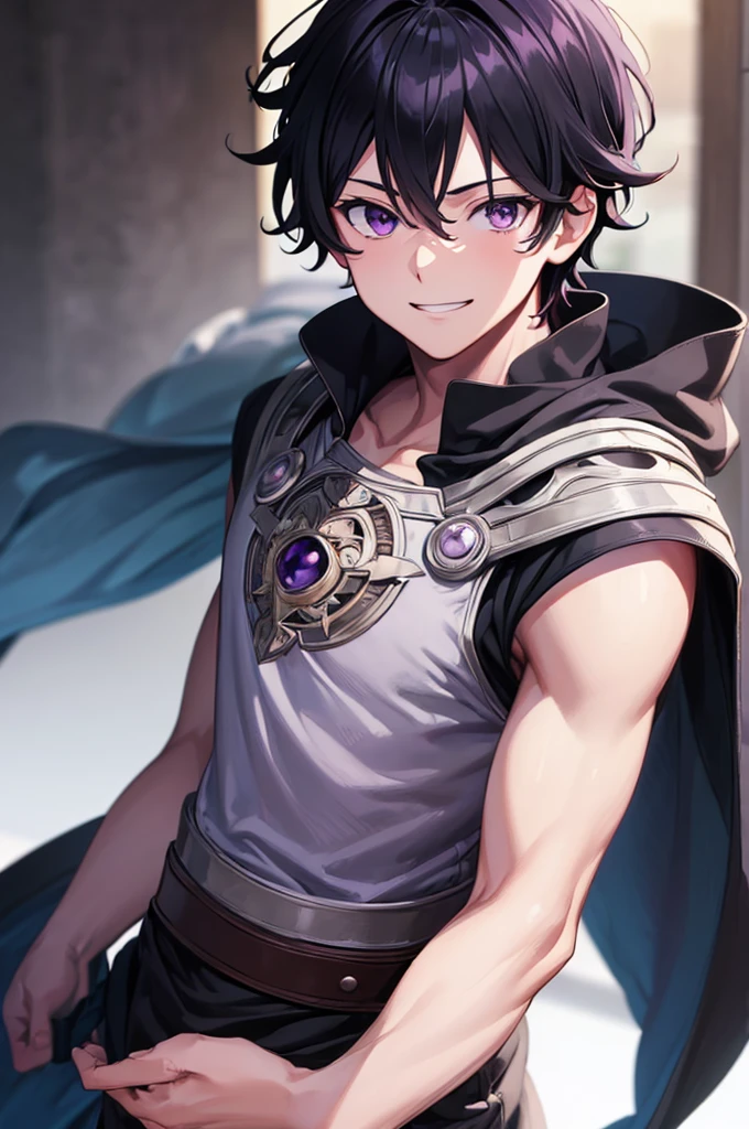 (masterpiece:1.3), (Highest quality:1.1), (8k, Super detailed, Ultra-high resolution:1.2), ((Anime Style)), Five perfect fingers, Perfect Anatomy,
One boy,
Black Clover Gauche,
Purple eyes smile,
Upper Body,
Are standing,
No background,