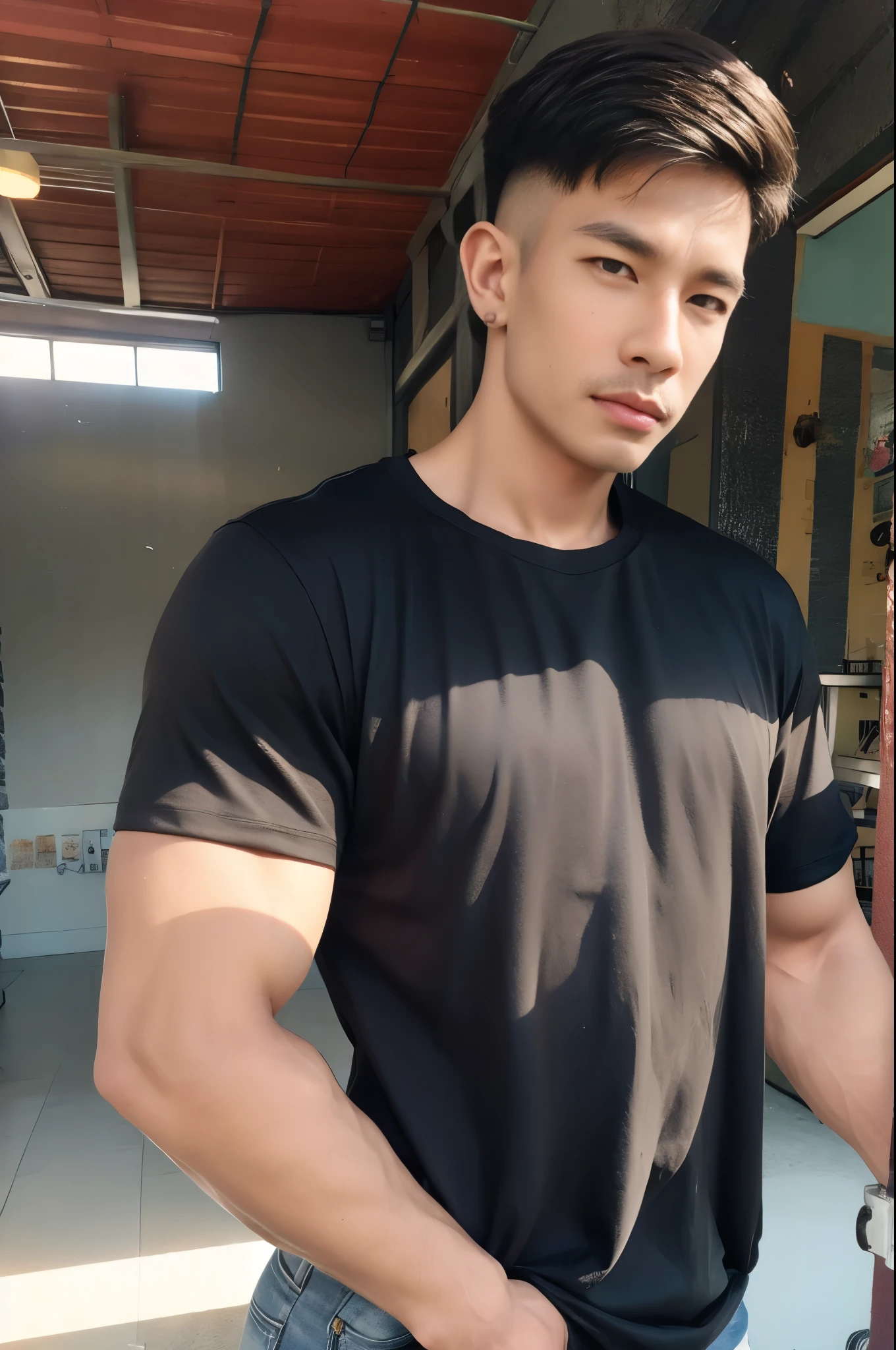 armface , Handsome young man standing, (have a mustache:1) ,(buzz cut:1.1), (short hair:1.2), The forearms are muscular., (Tight T-shirt:1.5),(black shirt:1.5),Jeans, Big muscles, Handsome and muscular, full body angle, (Fitness:1.1), natural light 